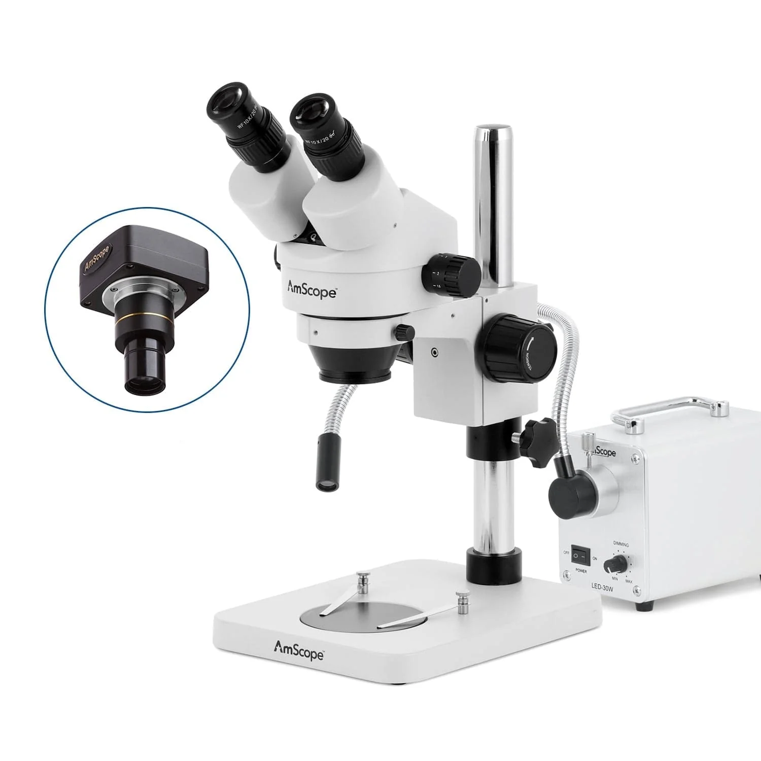 AmScope SM-1 Series Inspection and Dissecting Zoom Binocular Stereo Microscope with 30W LED Single Fiber Optic Gooseneck Light and Optional Digital Camera on Compact Pillar Stand - Image 2