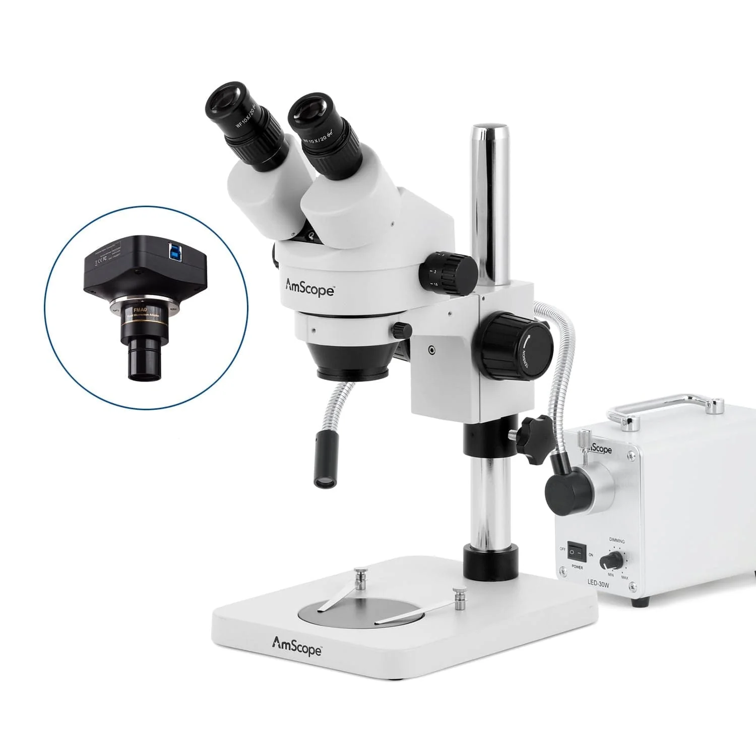 AmScope SM-1 Series Inspection and Dissecting Zoom Binocular Stereo Microscope with 30W LED Single Fiber Optic Gooseneck Light and Optional Digital Camera on Compact Pillar Stand - Image 4