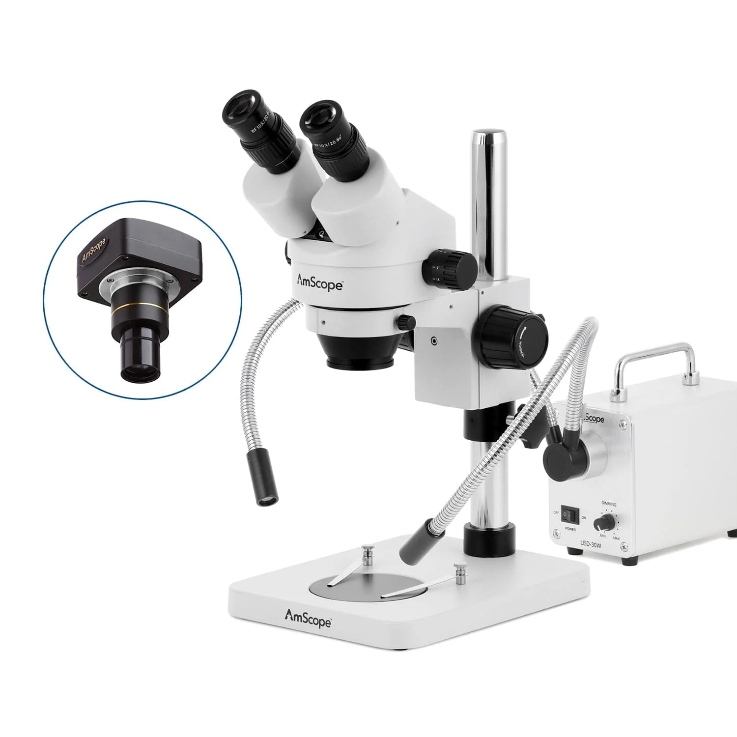 AmScope SM-1 Series Inspection and Dissecting Zoom Binocular Stereo Microscope with 30W LED Dual Gooseneck Fiber Optic Lights and Optional Digital Camera on Compact Pillar Stand - Image 2