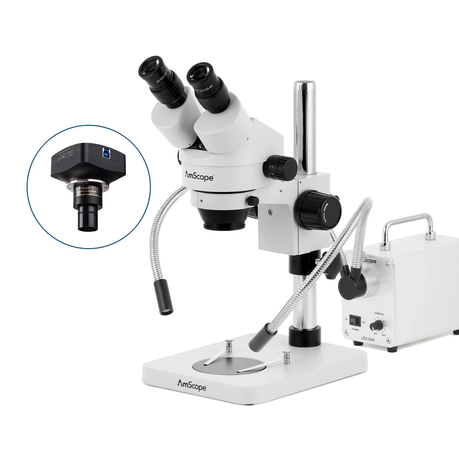 AmScope SM-1 Series Inspection and Dissecting Zoom Binocular Stereo Microscope with 30W LED Dual Gooseneck Fiber Optic Lights and Optional Digital Camera on Compact Pillar Stand - Image 4