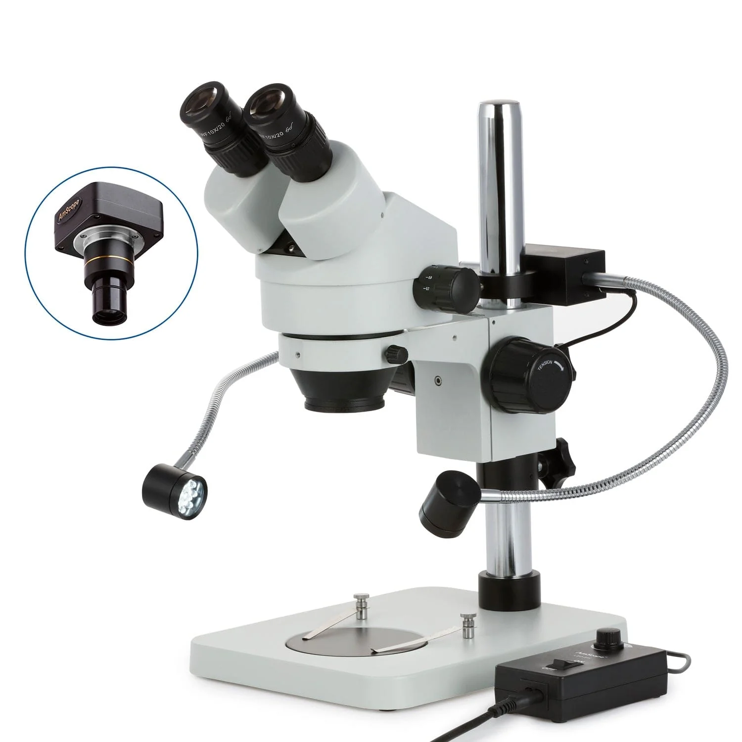 AmScope SM-1B Series Binocular Inspection and Dissecting Zoom Stereo Microscope 7X-45X Magnification w/8W LED Dual Gooseneck Illuminator + Optional Digital Camera on Compact Pillar Stand - Image 3