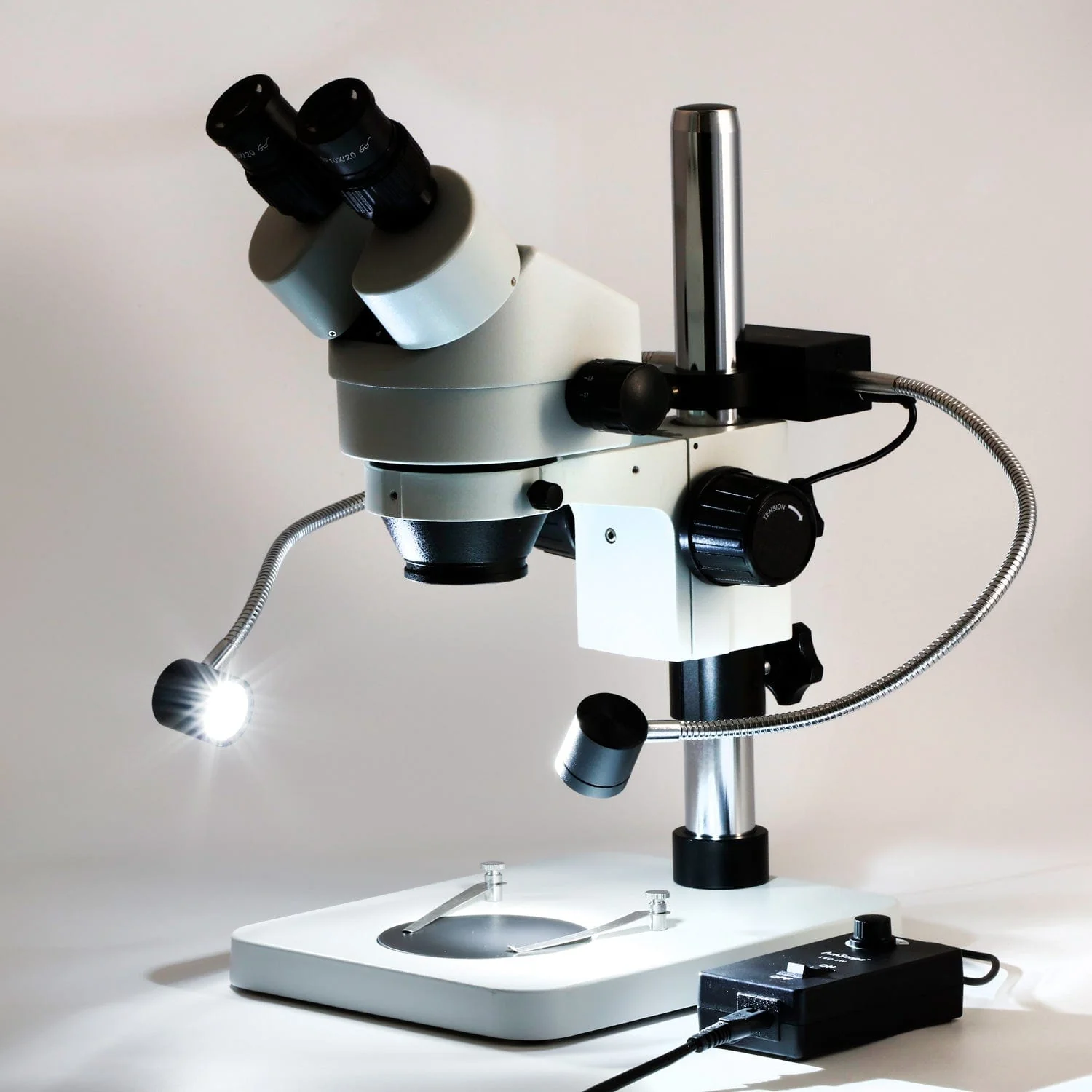 AmScope SM-1B Series Binocular Inspection and Dissecting Zoom Stereo Microscope 7X-45X Magnification w/8W LED Dual Gooseneck Illuminator + Optional Digital Camera on Compact Pillar Stand - Image 6