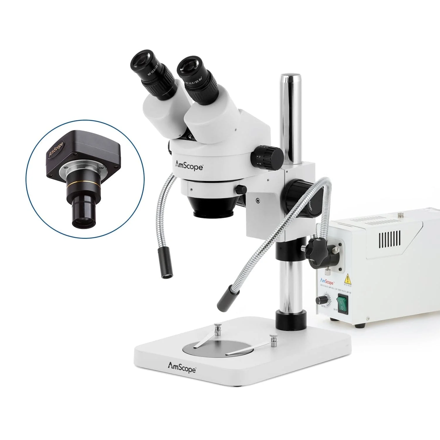 AmScope SM-1 Series Inspection and Dissecting Zoom Binocular Stereo Microscope with 150W Halogen Dual Fiber Gooseneck Lights and Optional Digital Camera on Compact Pillar Stand - Image 2