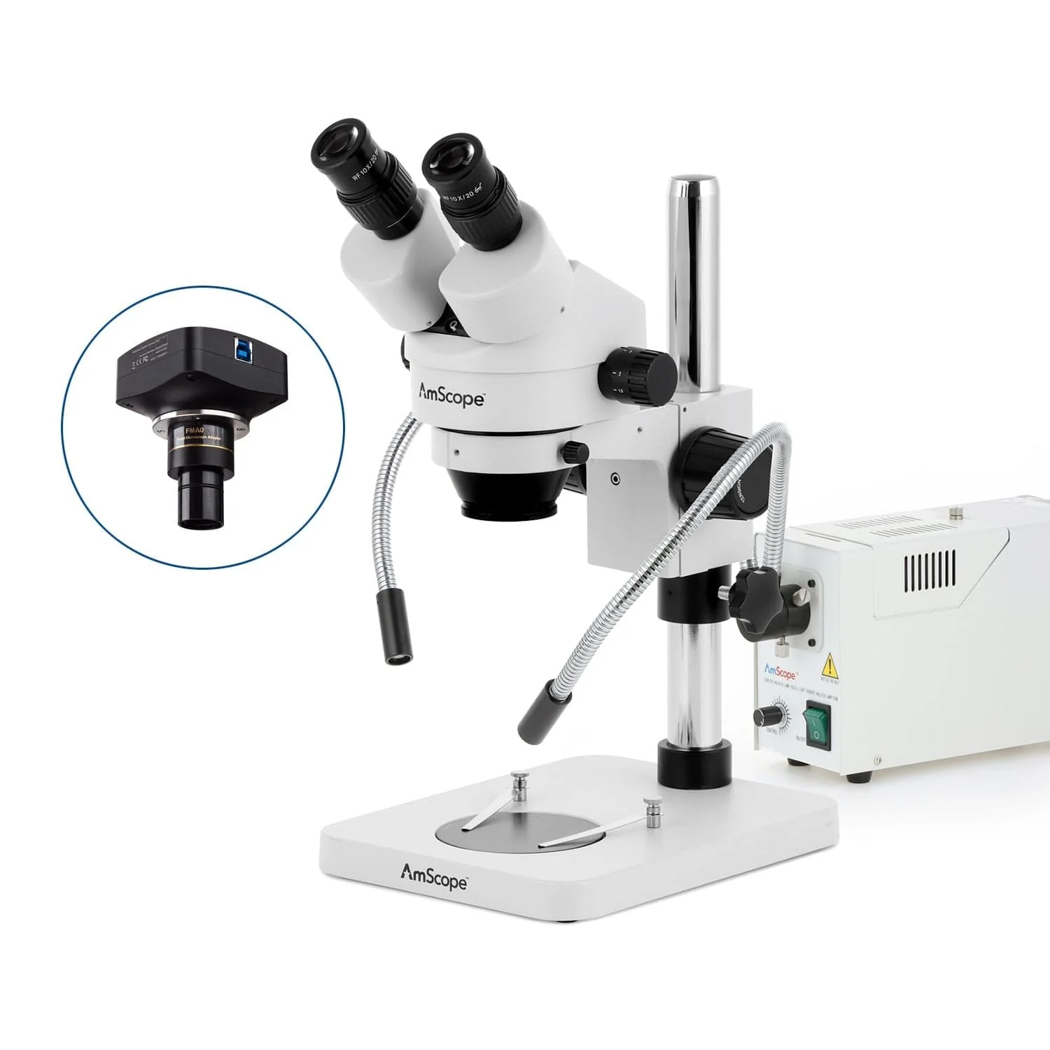 AmScope SM-1 Series Inspection and Dissecting Zoom Binocular Stereo Microscope with 150W Halogen Dual Fiber Gooseneck Lights and Optional Digital Camera on Compact Pillar Stand - Image 4