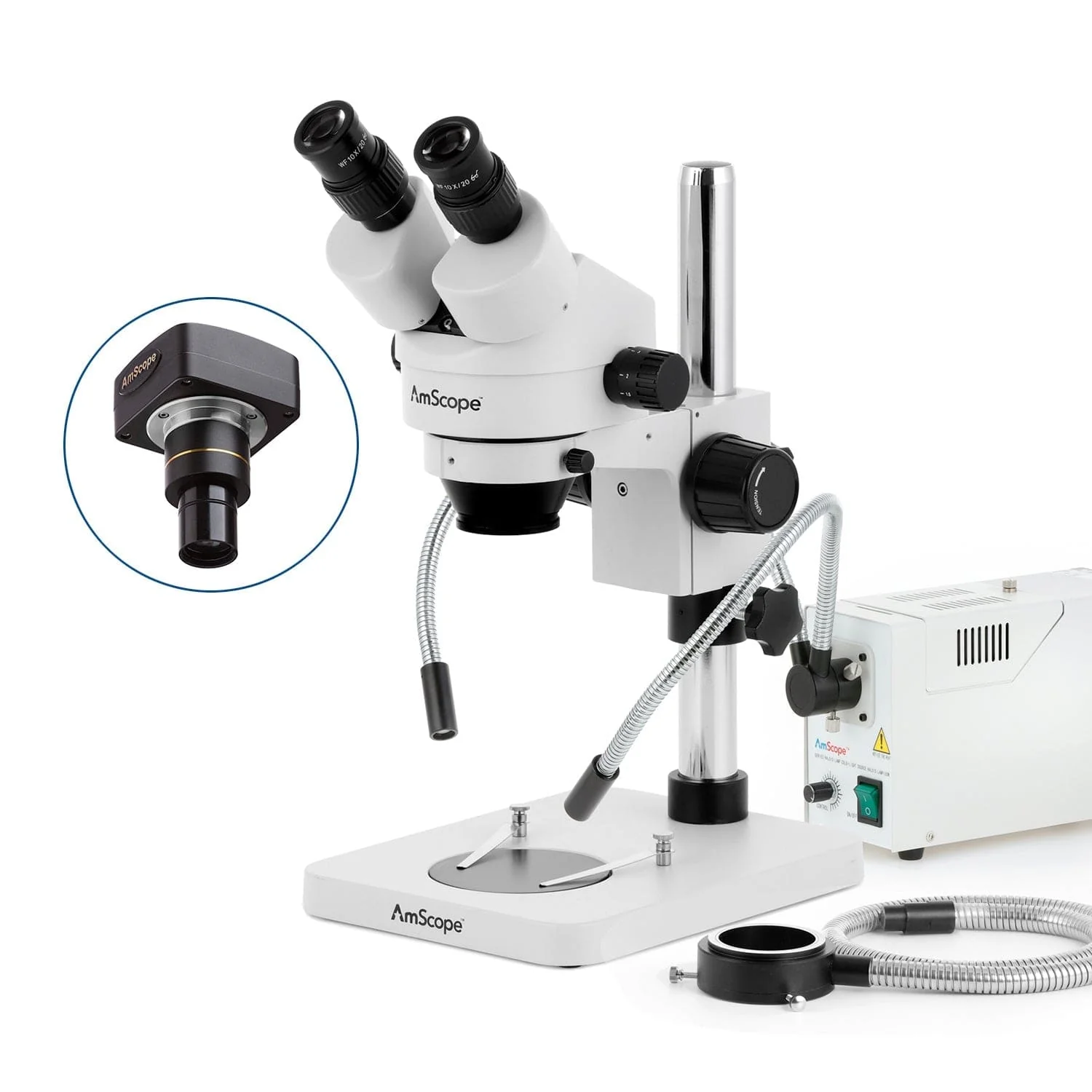 AmScope SM-1 Series Inspection and Dissecting Zoom Binocular Stereo Microscope with 150W Halogen Dual Gooseneck & Ring Lights and Optional Digital Camera on Compact Pillar Stand - Image 2