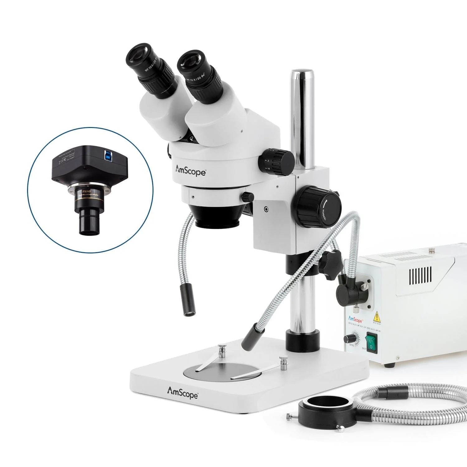 AmScope SM-1 Series Inspection and Dissecting Zoom Binocular Stereo Microscope with 150W Halogen Dual Gooseneck & Ring Lights and Optional Digital Camera on Compact Pillar Stand - Image 4