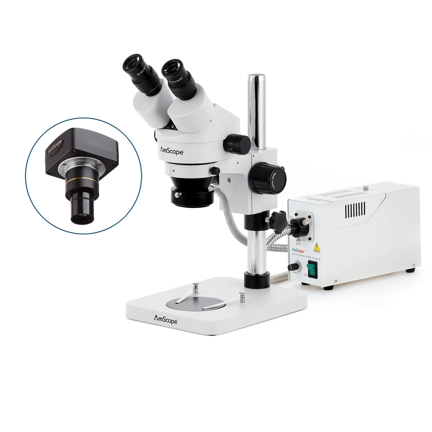 AmScope SM-1 Series Inspection and Dissecting Zoom Binocular Stereo Microscope with 150W Halogen Ring Light and Optional Digital Camera on Compact Pillar Stand - Image 2