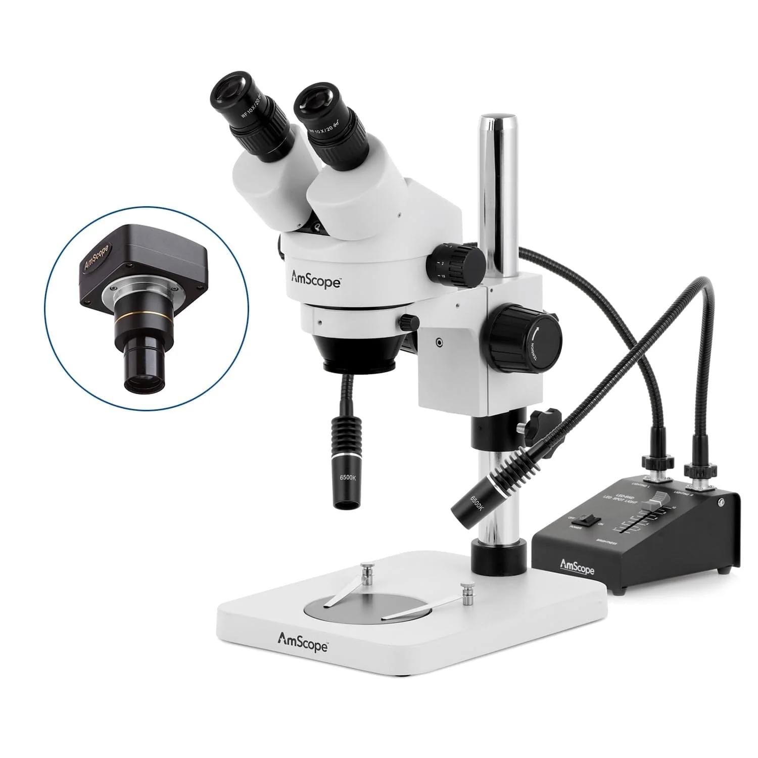 AmScope SM-1 Series Inspection and Dissecting Zoom Binocular Stereo Microscope with 6W Dual-Gooseneck LED Illuminator on Compact Pillar Stand - Image 2