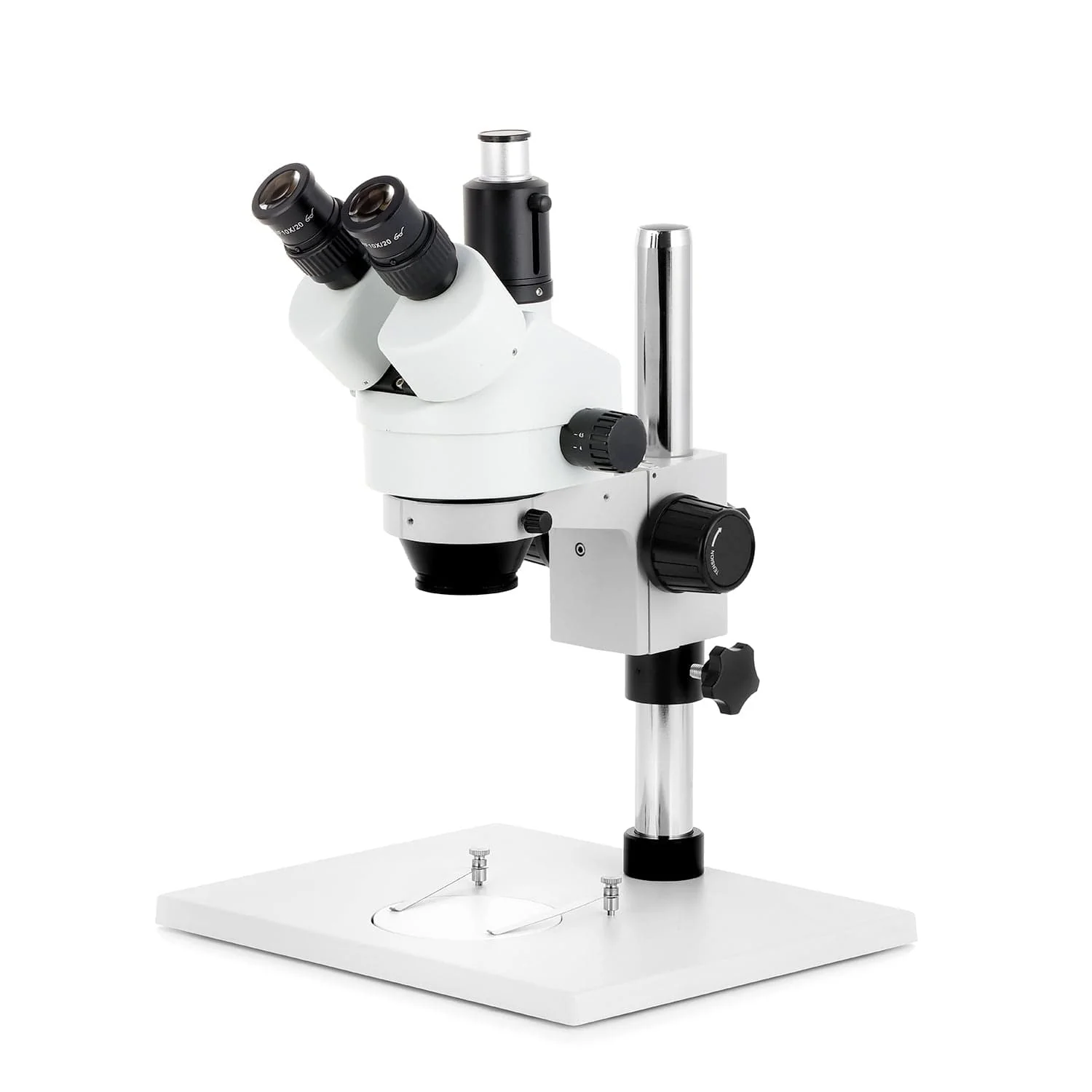 AmScope SM-1 Series Zoom Trinocular Stereo Microscope on Pillar Stand with Extra Large Base Plate w/Optional Digital Camera