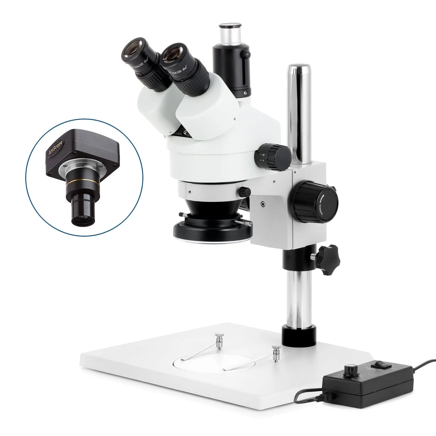 AmScope SM-1 Series Zoom Trinocular Stereo Microscope on Pillar Stand with Extra Large Base Plate w/144 LED Ring Light and Optional Digital Camera - Image 2