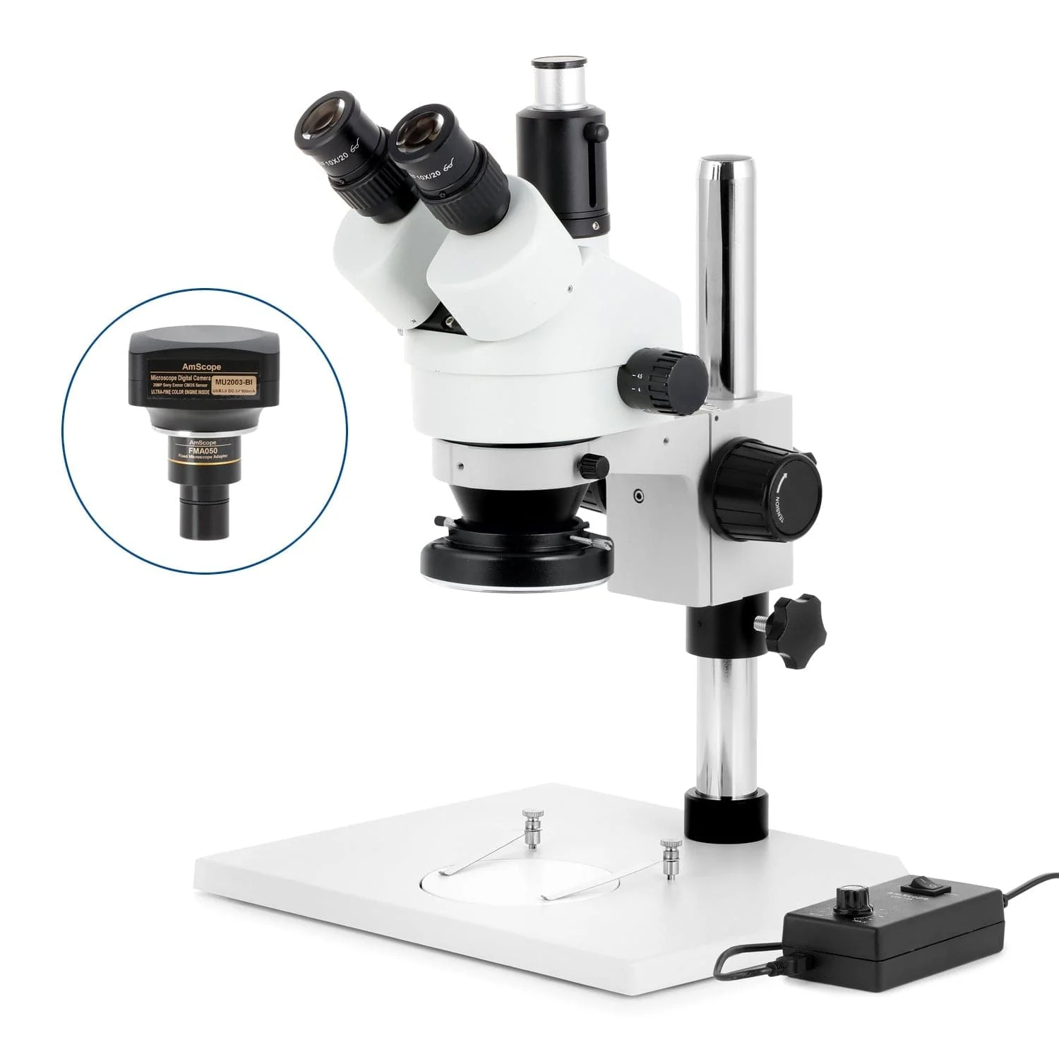 AmScope SM-1 Series Zoom Trinocular Stereo Microscope on Pillar Stand with Extra Large Base Plate w/144 LED Ring Light and Optional Digital Camera - Image 6