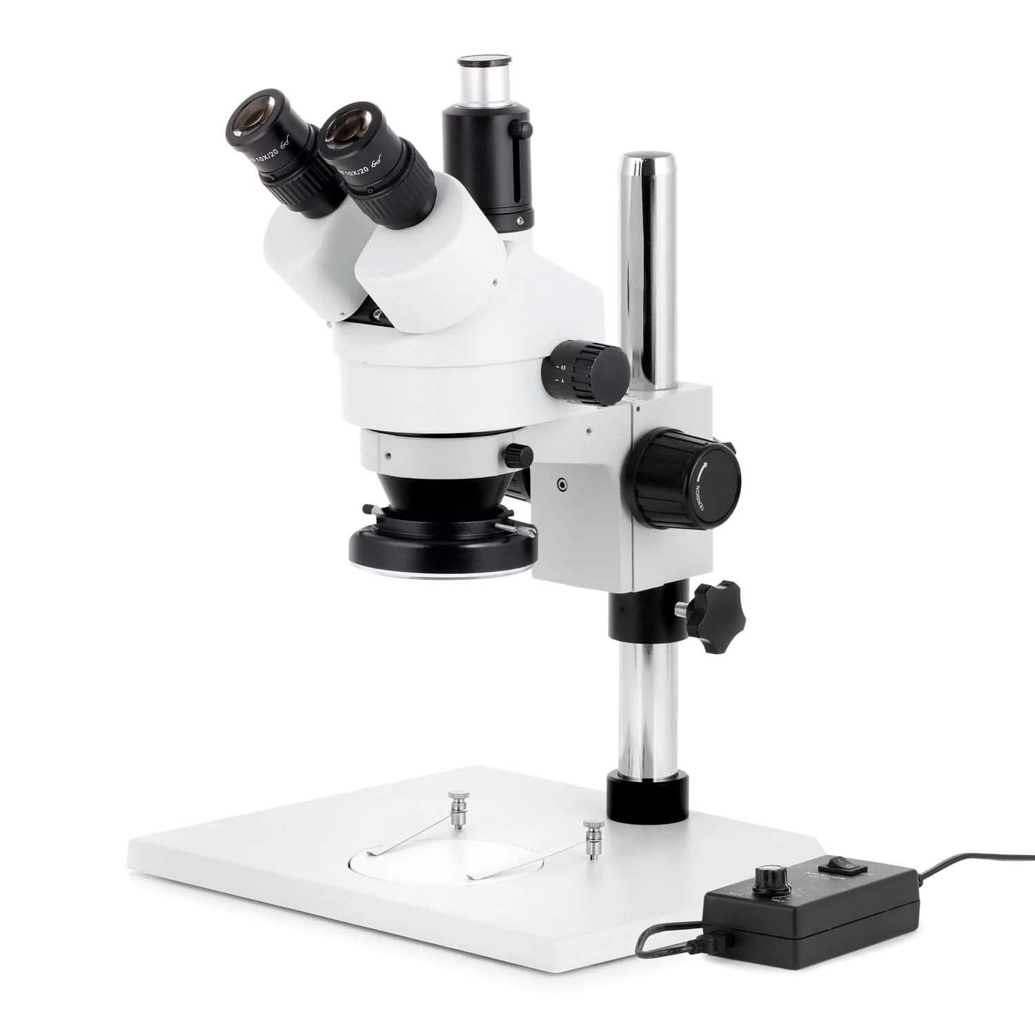 AmScope SM-1 Series Zoom Trinocular Stereo Microscope on Pillar Stand with Extra Large Base Plate w/144 LED Ring Light and Auto Focus Camera - Image 2