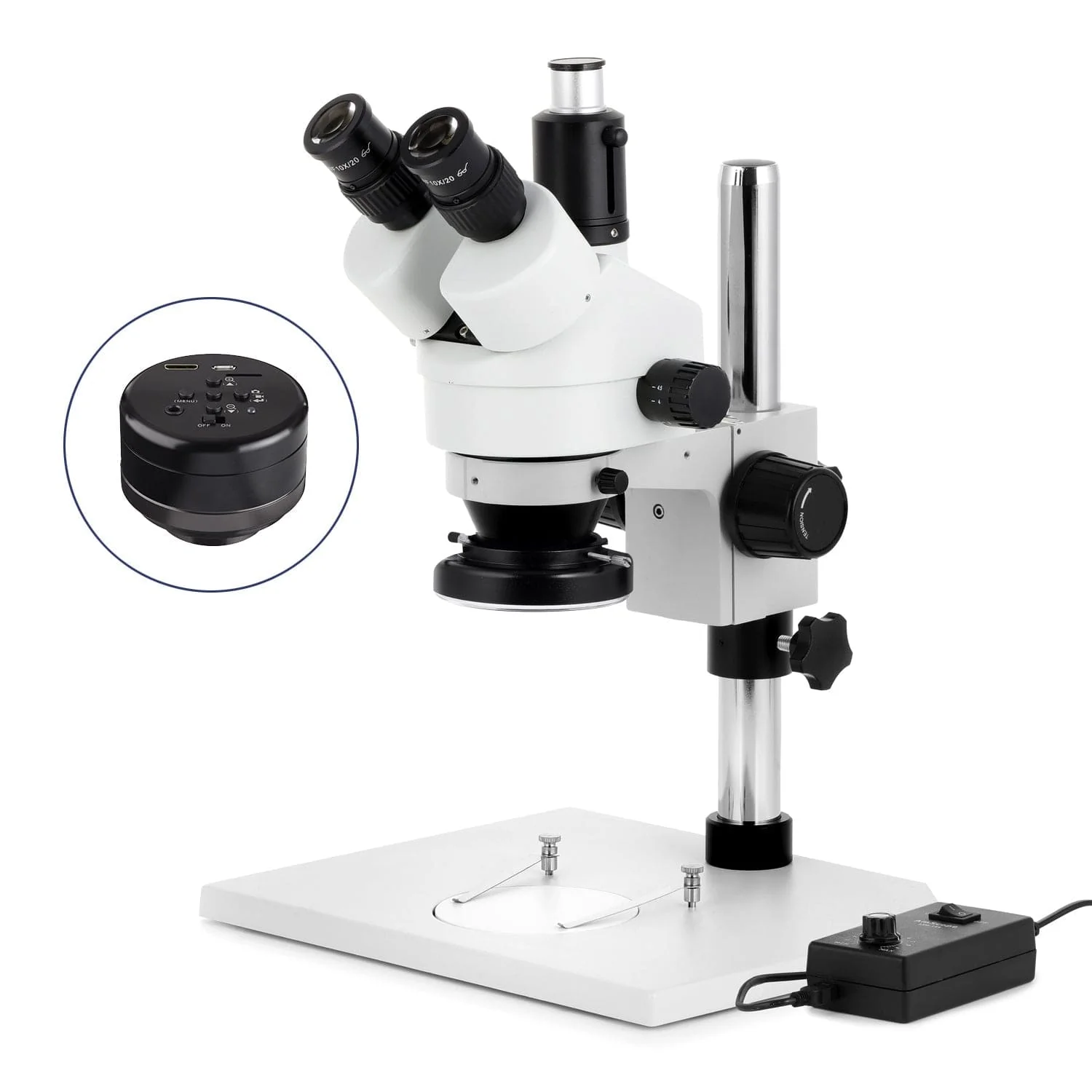 AmScope SM-1 Series Zoom Trinocular Stereo Microscope on Pillar Stand with Extra Large Base Plate w/144 LED Ring Light and HD Recording Camera - Image 2