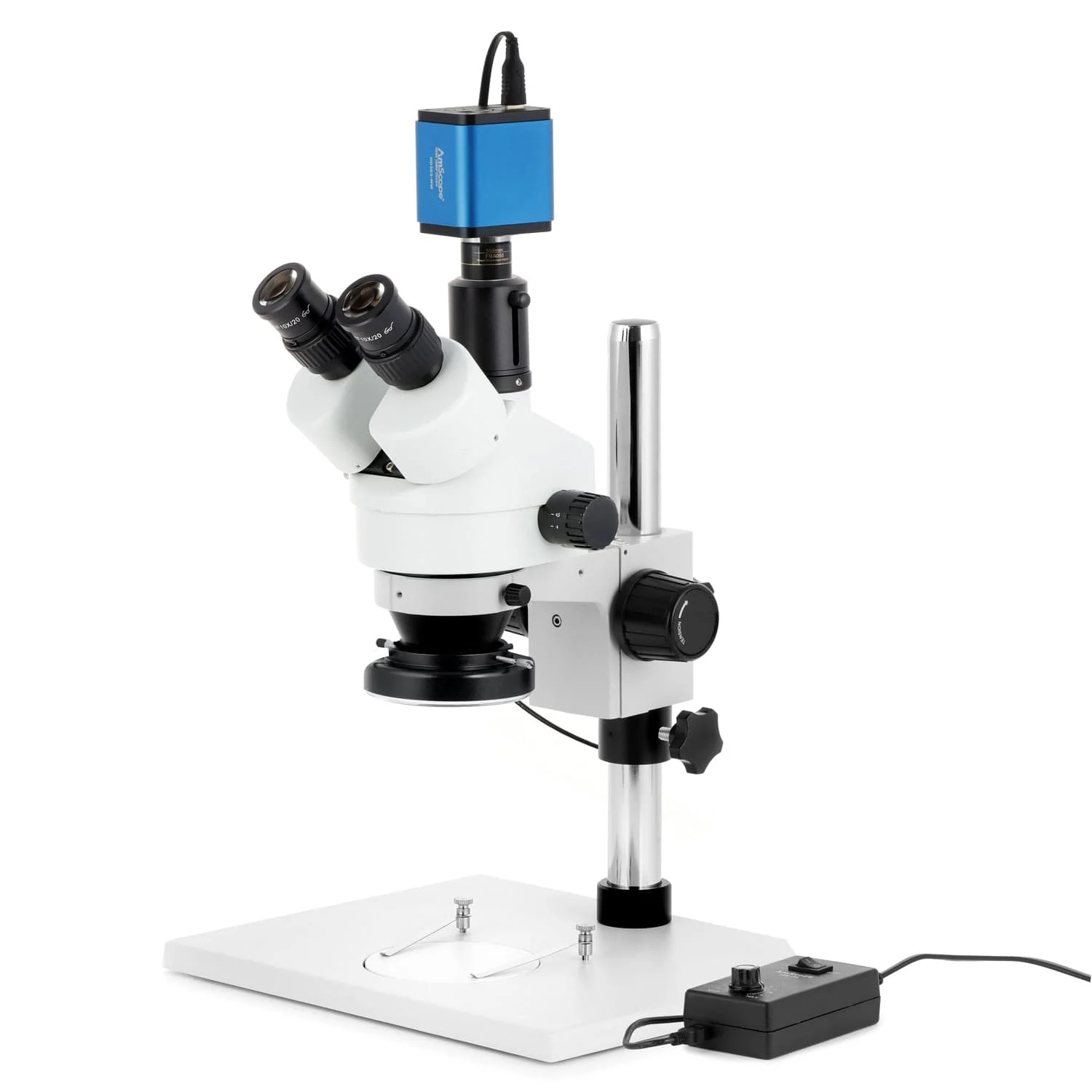 AmScope SM-1 Series Zoom Trinocular Stereo Microscope on Pillar Stand with Extra Large Base Plate w/144 LED Ring Light and HDMI Camera