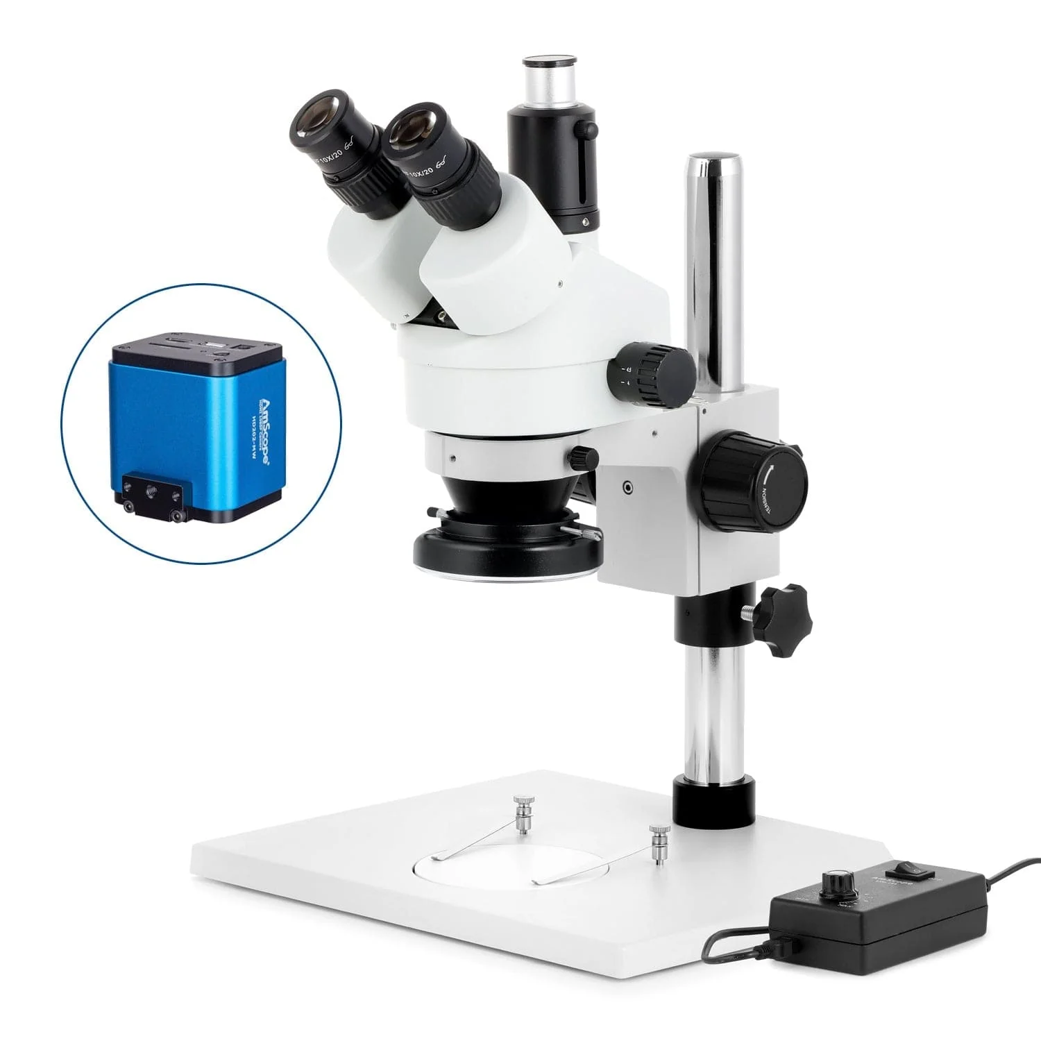 AmScope SM-1 Series Zoom Trinocular Stereo Microscope on Pillar Stand with Extra Large Base Plate w/144 LED Ring Light and HDMI Camera - Image 5