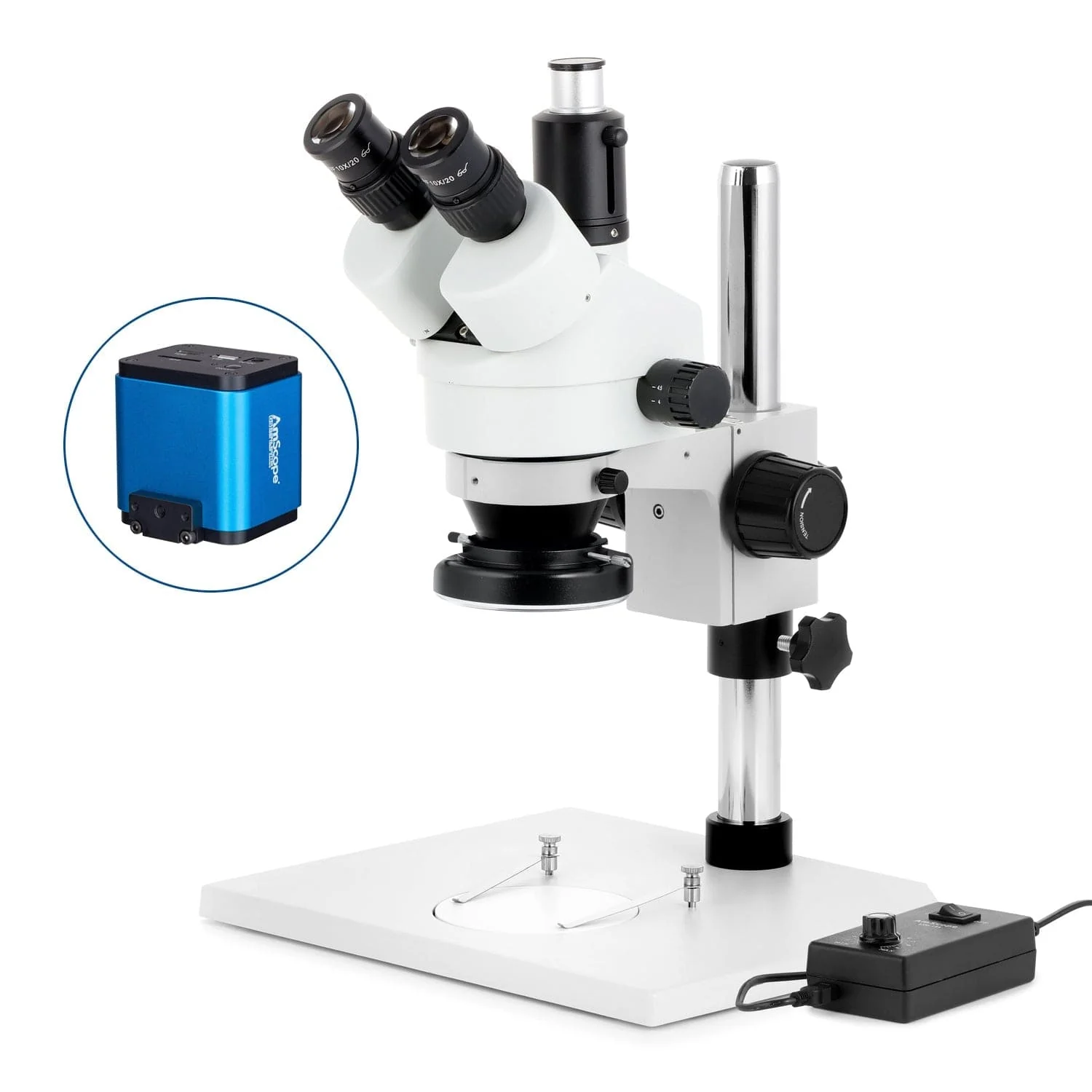 AmScope SM-1 Series Zoom Trinocular Stereo Microscope on Pillar Stand with Extra Large Base Plate w/144 LED Ring Light and HDMI Camera - Image 9