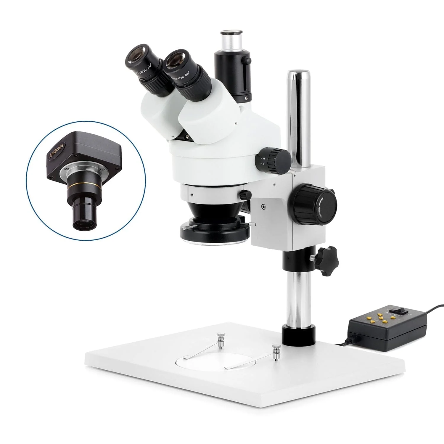 AmScope SM-1 Series Zoom Trinocular Stereo Microscope on Pillar Stand with Extra Large Base Plate w/Multi-Zone 144 LED and Optional Digital Camera - Image 2