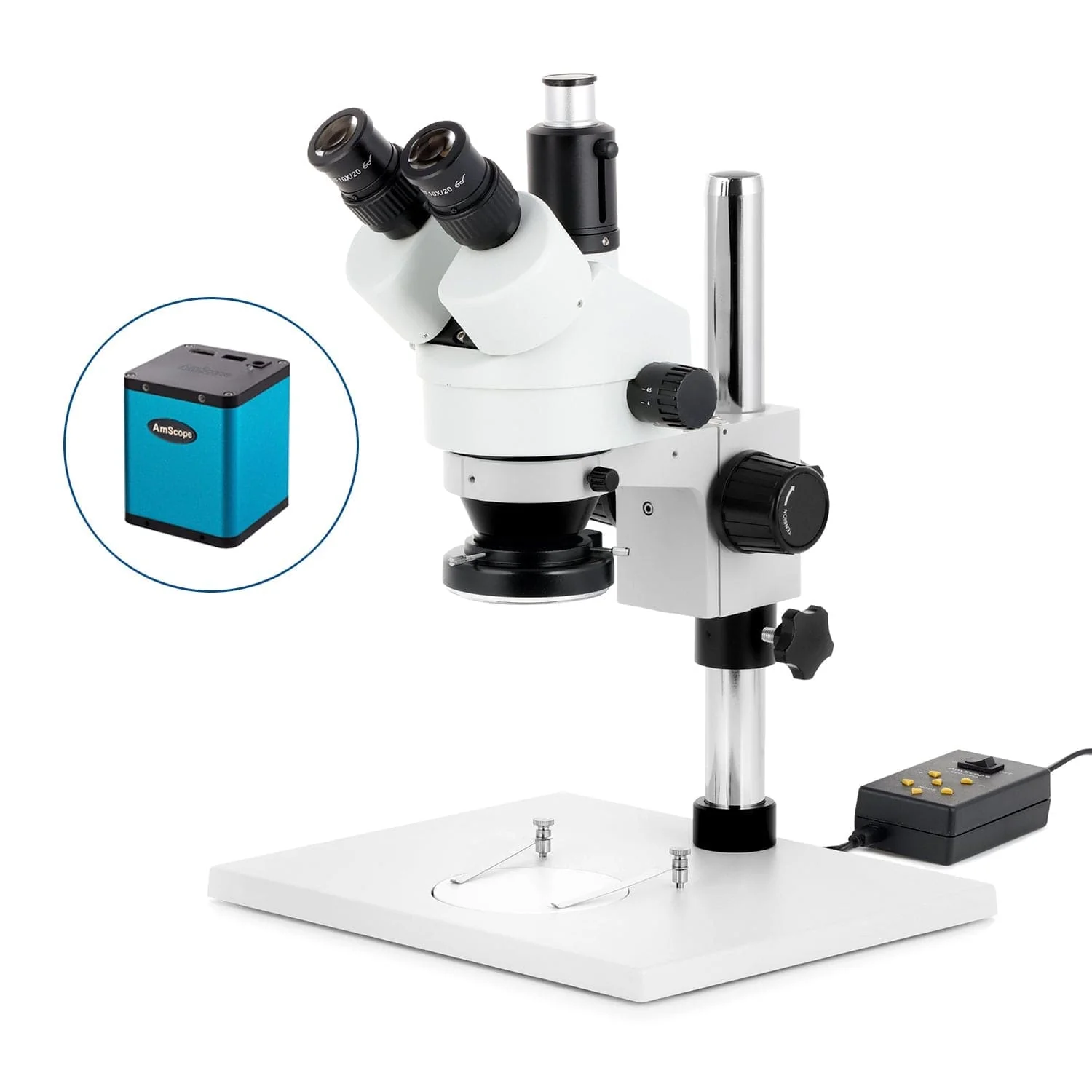 AmScope SM-1 Series Zoom Trinocular Stereo Microscope on Pillar Stand with Extra Large Base Plate w/Multi-Zone 144 LED and Auto Focus Camera - Image 3