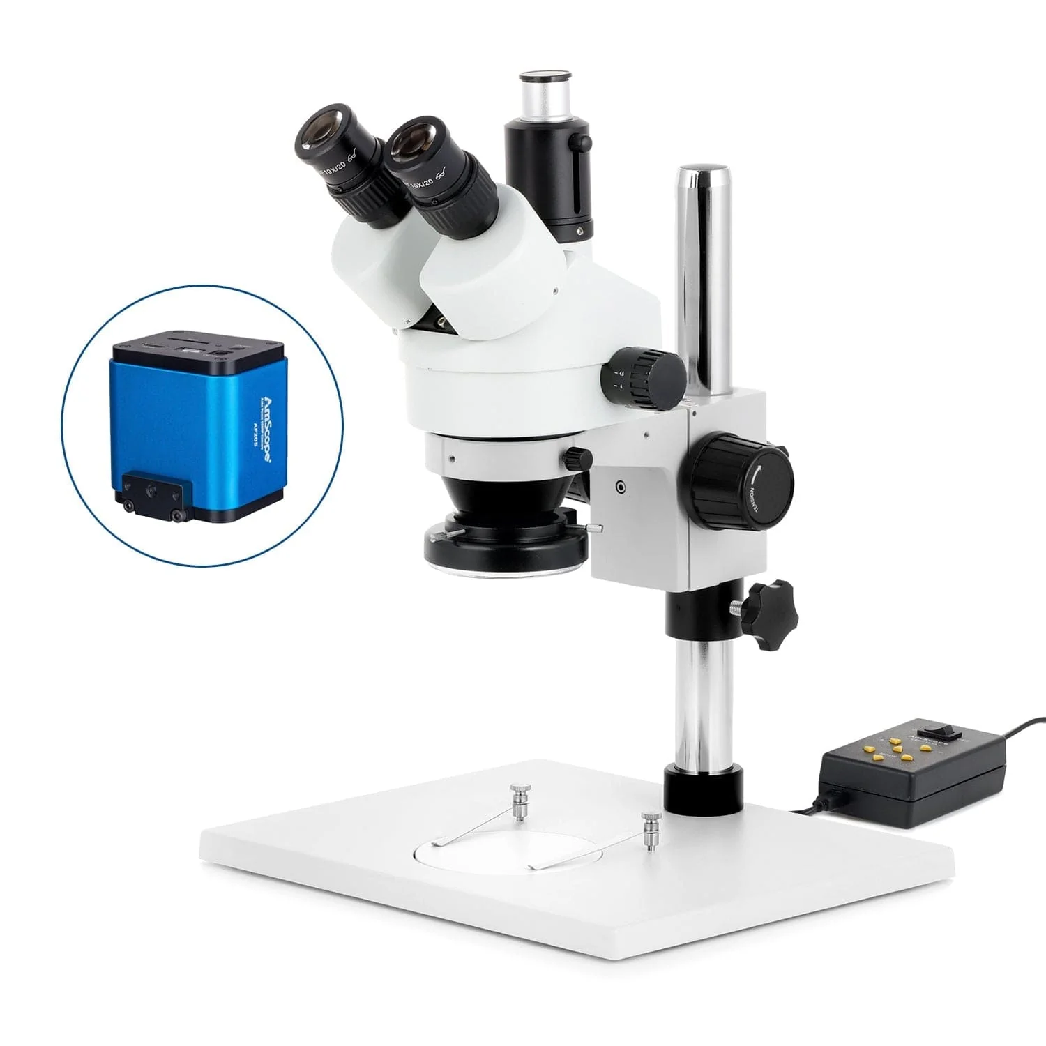 AmScope SM-1 Series Zoom Trinocular Stereo Microscope on Pillar Stand with Extra Large Base Plate w/Multi-Zone 144 LED and Auto Focus Camera - Image 7