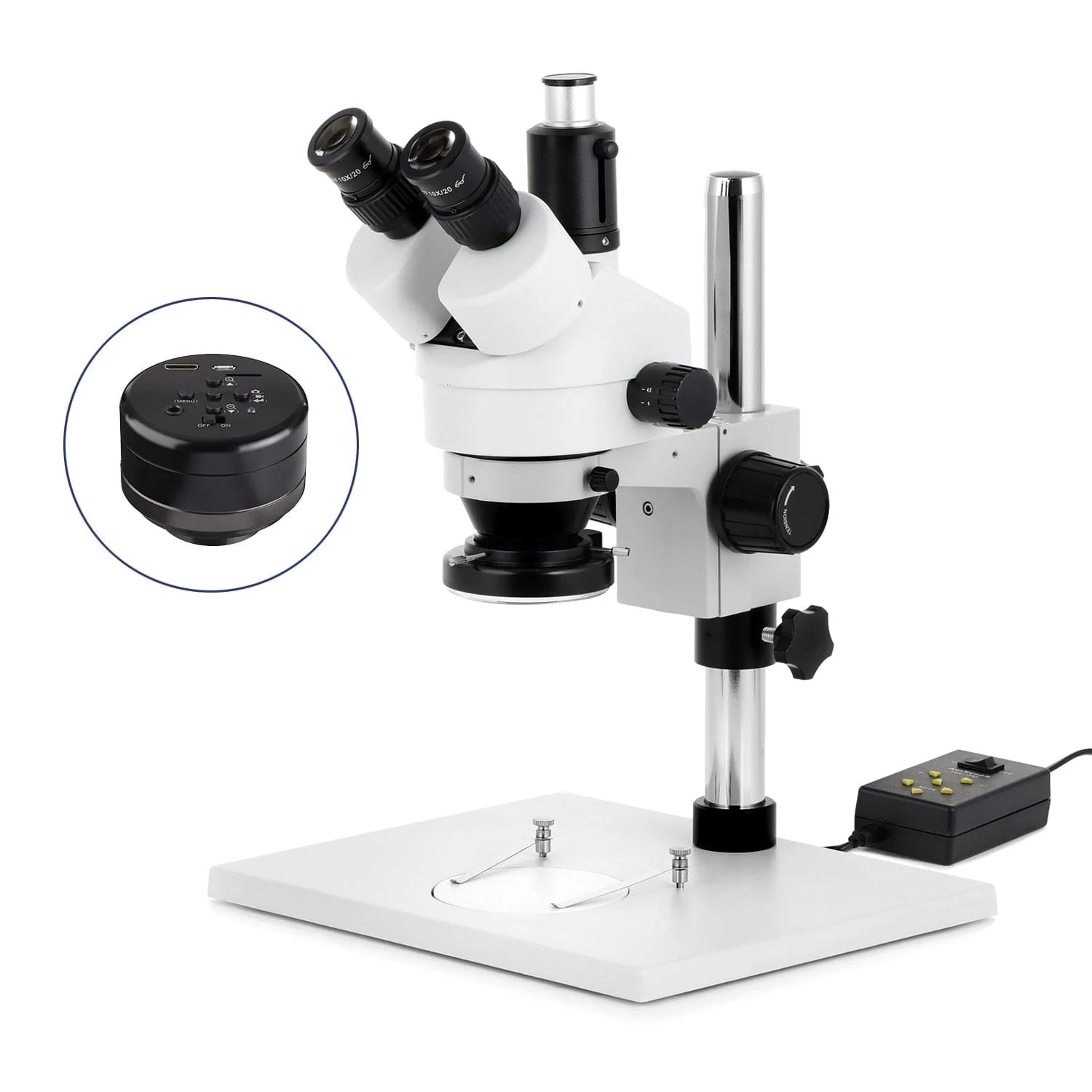 AmScope SM-1 Series Zoom Trinocular Stereo Microscope on Pillar Stand with Extra Large Base Plate w/Multi-Zone 144 LED and HD Recording Camera - Image 2
