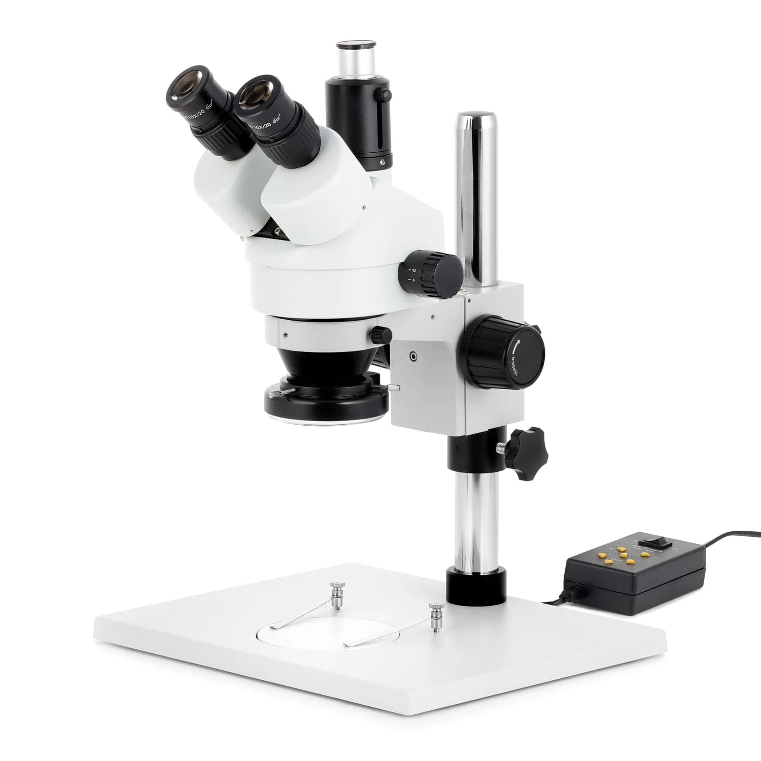 AmScope SM-1 Series Zoom Trinocular Stereo Microscope on Pillar Stand with Extra Large Base Plate w/Multi-Zone 144 LED and HDMI Camera - Image 2