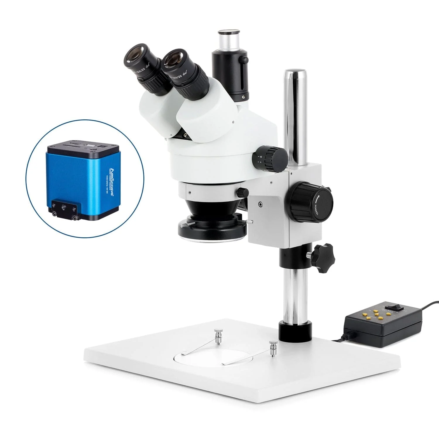 AmScope SM-1 Series Zoom Trinocular Stereo Microscope on Pillar Stand with Extra Large Base Plate w/Multi-Zone 144 LED and HDMI Camera - Image 5