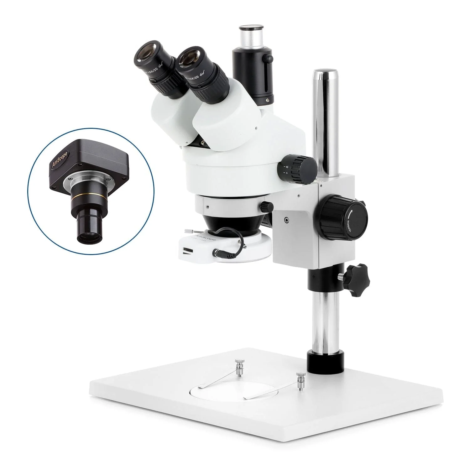 AmScope SM-1 Series Zoom Trinocular Stereo Microscope on Pillar Stand with Extra Large Base Plate w/144 LED Compact Ring Light and Optional Digital Camera - Image 2