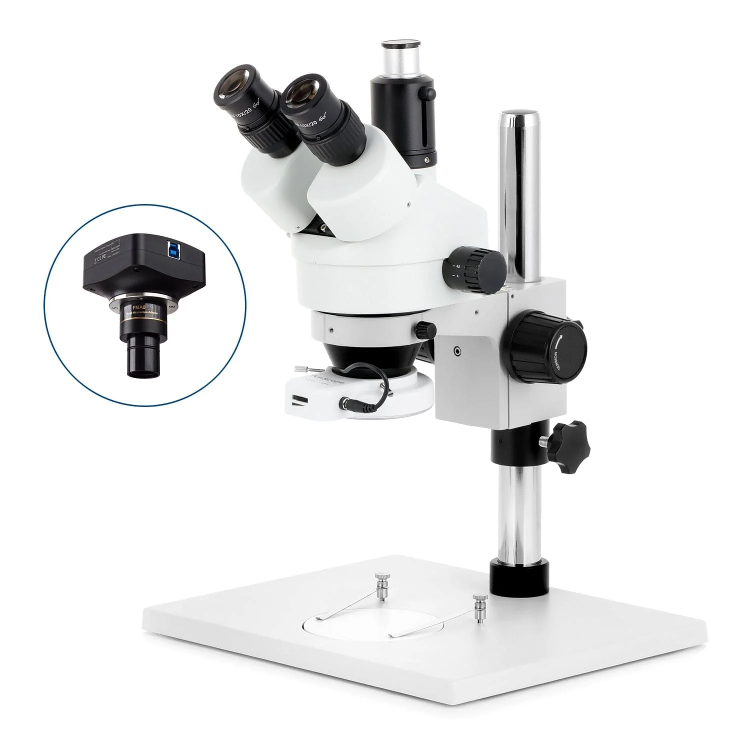 AmScope SM-1 Series Zoom Trinocular Stereo Microscope on Pillar Stand with Extra Large Base Plate w/144 LED Compact Ring Light and Optional Digital Camera - Image 4