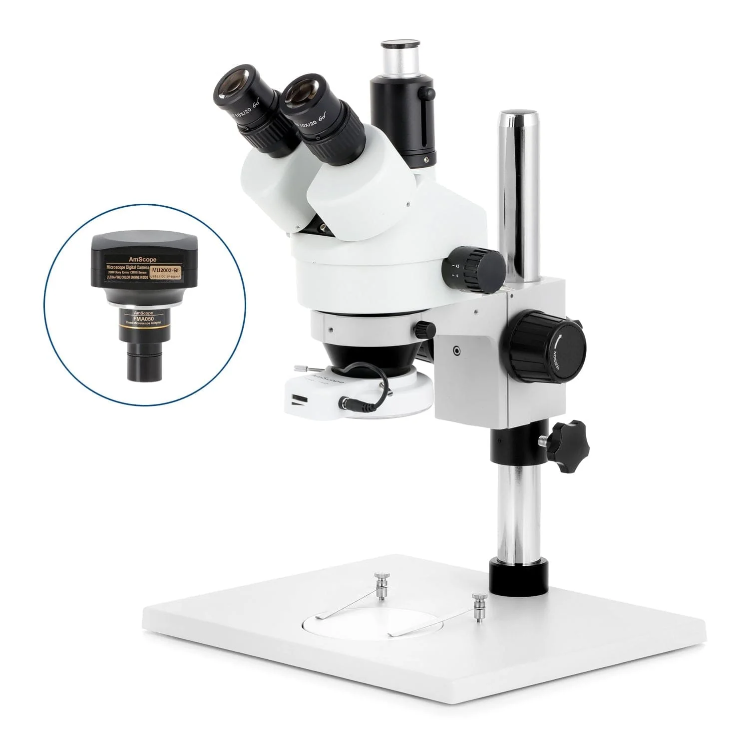 AmScope SM-1 Series Zoom Trinocular Stereo Microscope on Pillar Stand with Extra Large Base Plate w/144 LED Compact Ring Light and Optional Digital Camera - Image 6