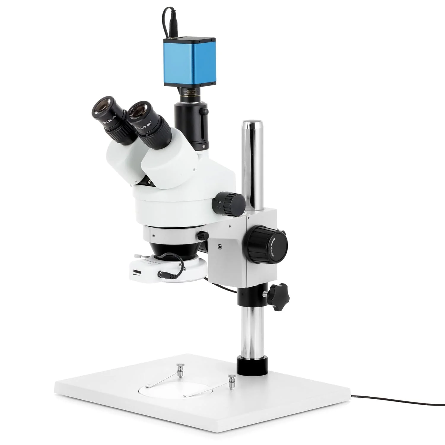AmScope SM-1 Series Zoom Trinocular Stereo Microscope on Pillar Stand with Extra Large Base Plate w/144 LED Compact Ring Light and Auto Focus Camera