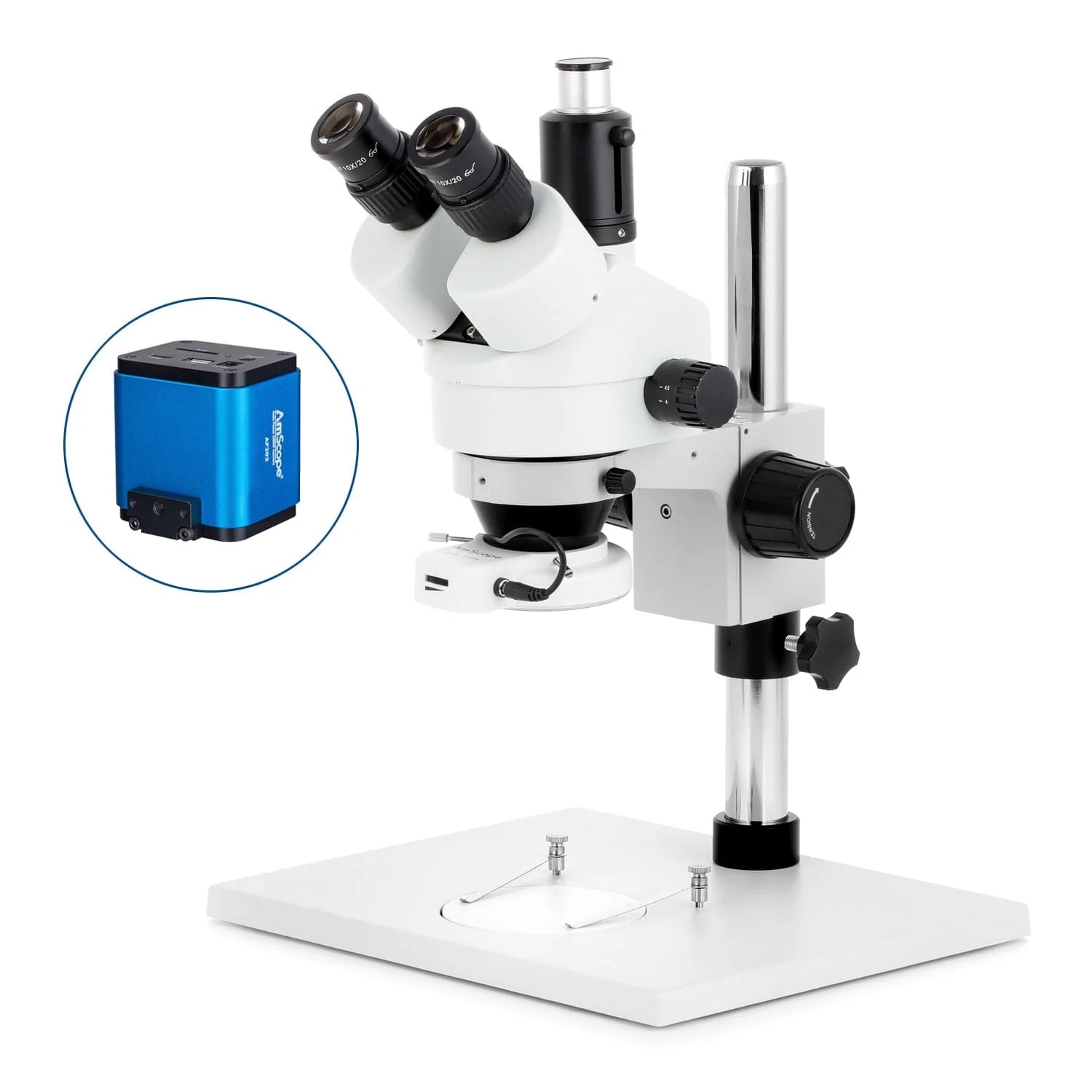 AmScope SM-1 Series Zoom Trinocular Stereo Microscope on Pillar Stand with Extra Large Base Plate w/144 LED Compact Ring Light and Auto Focus Camera - Image 5