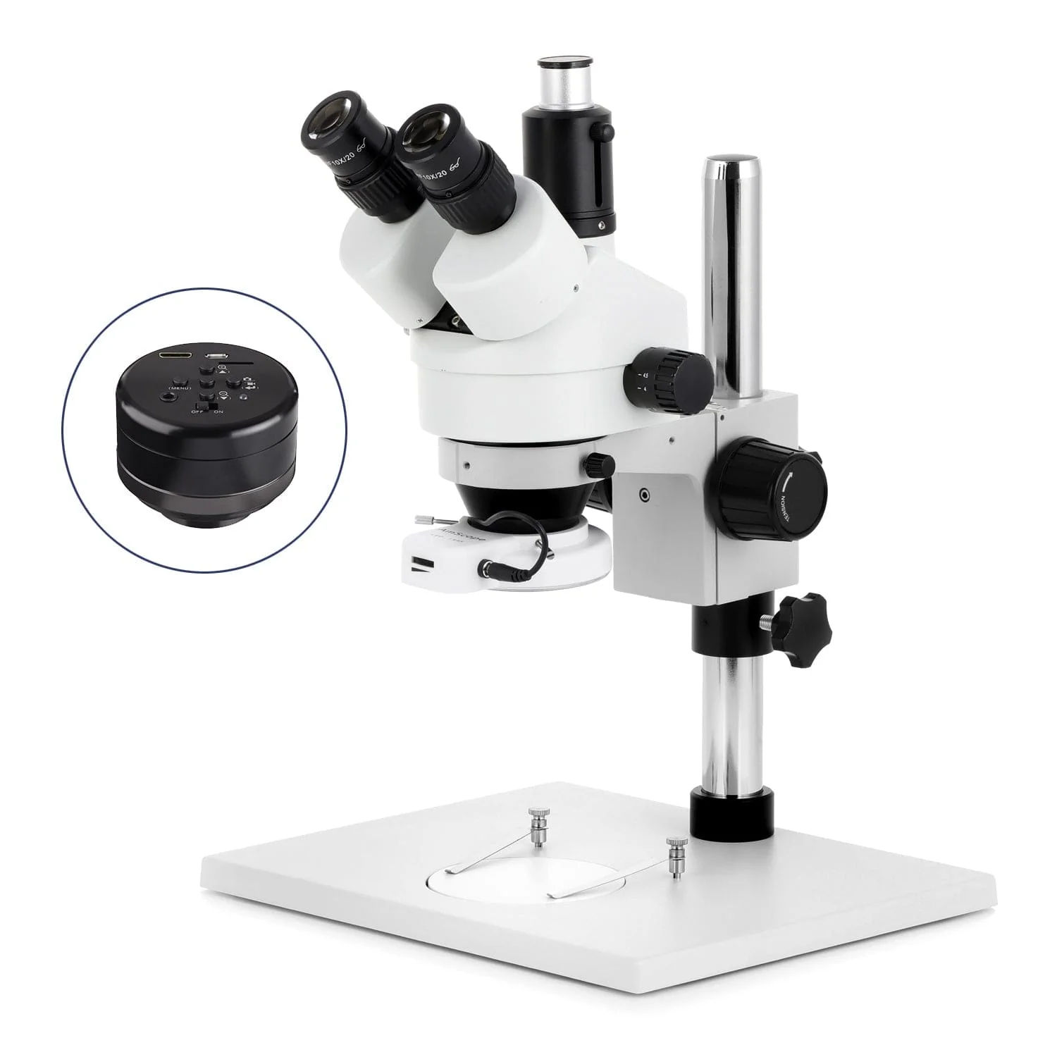 AmScope SM-1 Series Zoom Trinocular Stereo Microscope on Pillar Stand with Extra Large Base Plate w/144 LED Compact Ring Light and HD Recording Camera - Image 2