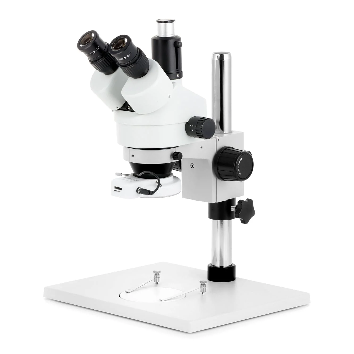 AmScope SM-1 Series Zoom Trinocular Stereo Microscope on Pillar Stand with Extra Large Base Plate w/144 LED Compact Ring Light and HDMI Camera