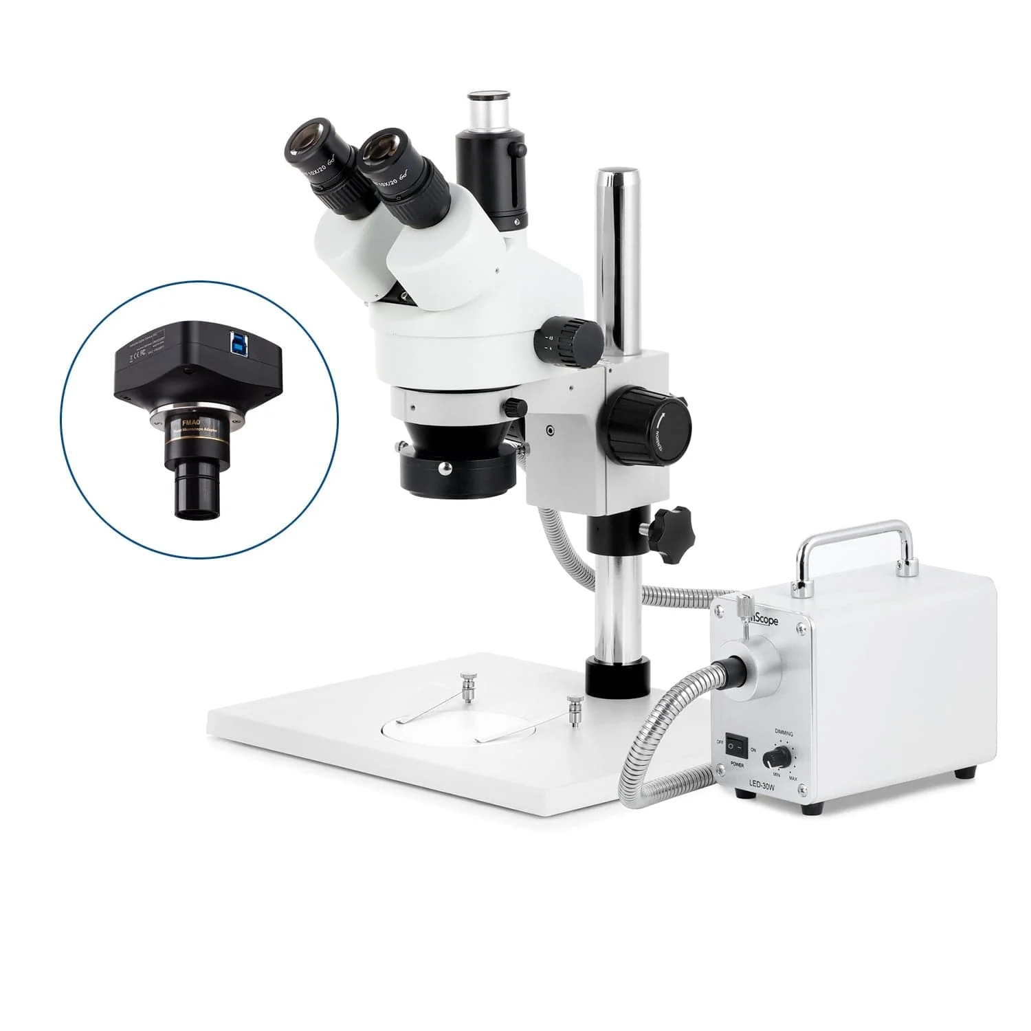 AmScope SM-1 Series Zoom Trinocular Stereo Microscope on Pillar Stand with Extra Large Base Plate w/30W LED Fiber Optic Ring Light and Optional Digital Camera - Image 4