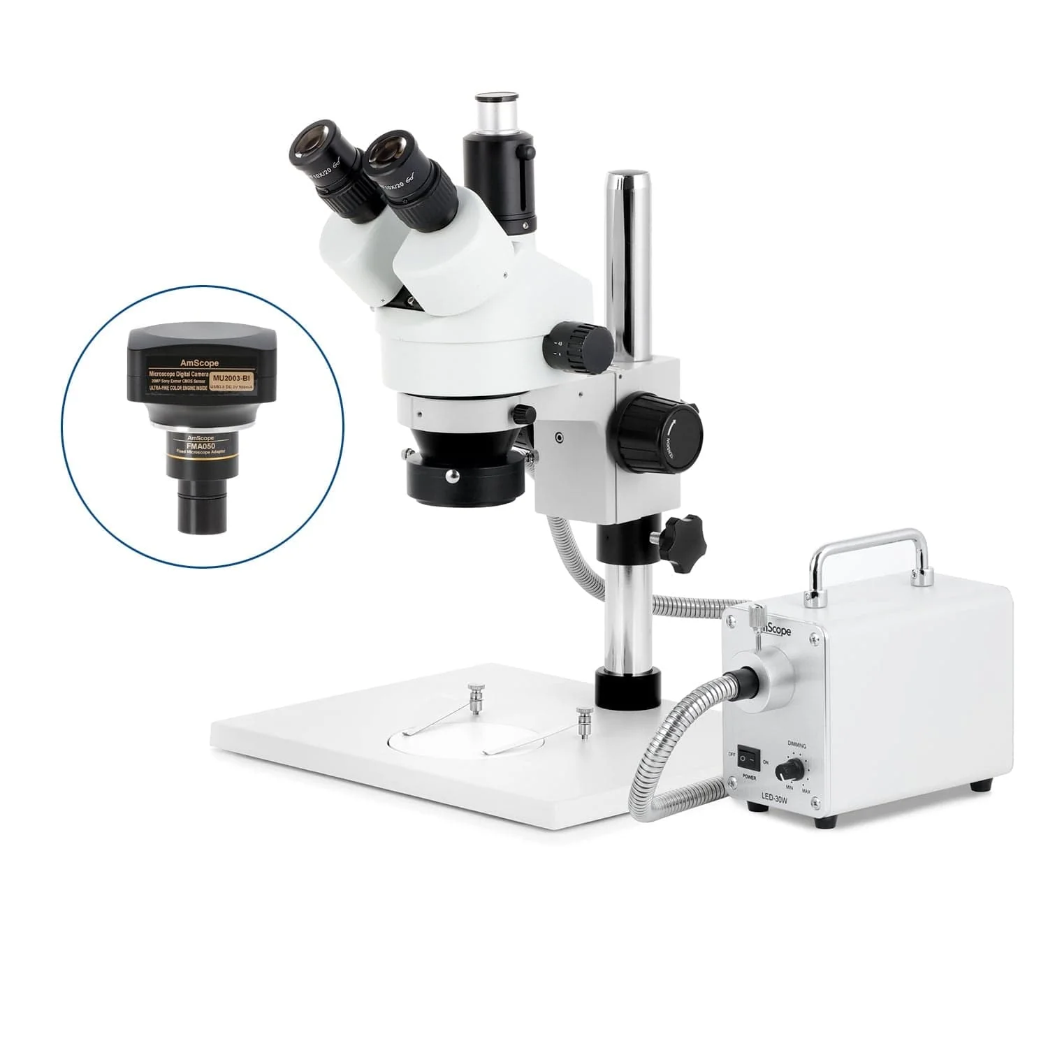 AmScope SM-1 Series Zoom Trinocular Stereo Microscope on Pillar Stand with Extra Large Base Plate w/30W LED Fiber Optic Ring Light and Optional Digital Camera - Image 6