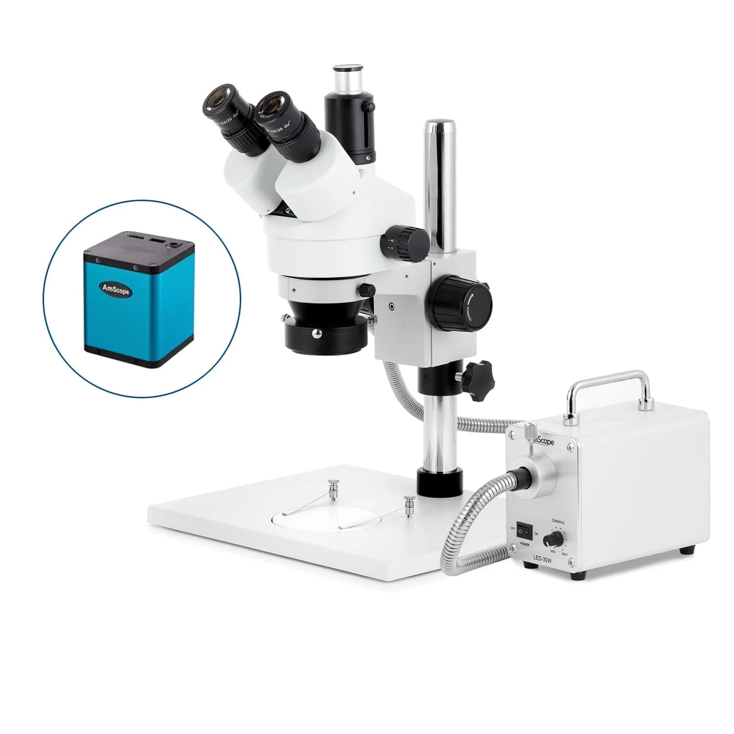 AmScope SM-1 Series Zoom Trinocular Stereo Microscope on Pillar Stand with Extra Large Base Plate w/30W LED Fiber Optic Ring Light and Auto Focus Camera - Image 3