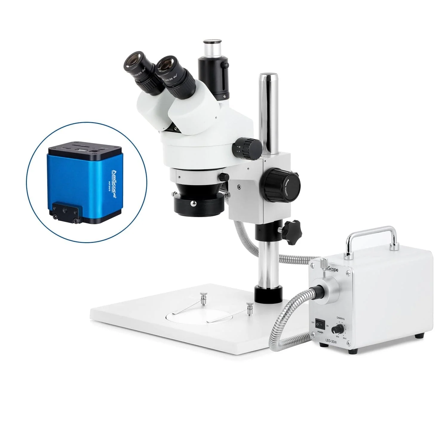 AmScope SM-1 Series Zoom Trinocular Stereo Microscope on Pillar Stand with Extra Large Base Plate w/30W LED Fiber Optic Ring Light and Auto Focus Camera - Image 7