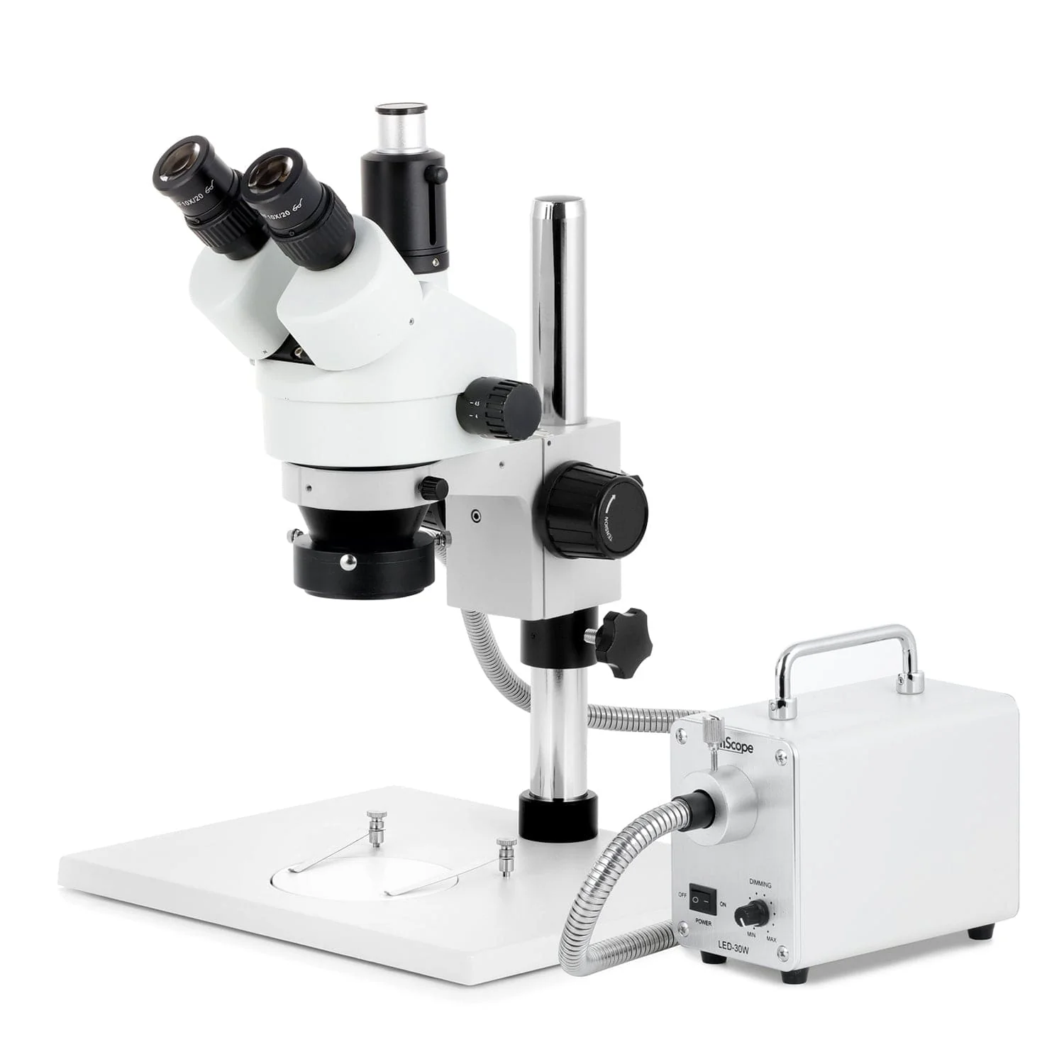 AmScope SM-1 Series Zoom Trinocular Stereo Microscope on Pillar Stand with Extra Large Base Plate w/30W LED Fiber Optic Ring Light and HDMI Camera - Image 2