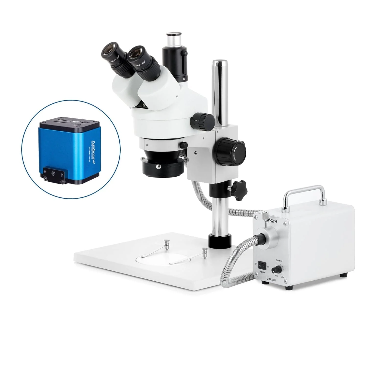 AmScope SM-1 Series Zoom Trinocular Stereo Microscope on Pillar Stand with Extra Large Base Plate w/30W LED Fiber Optic Ring Light and HDMI Camera - Image 5