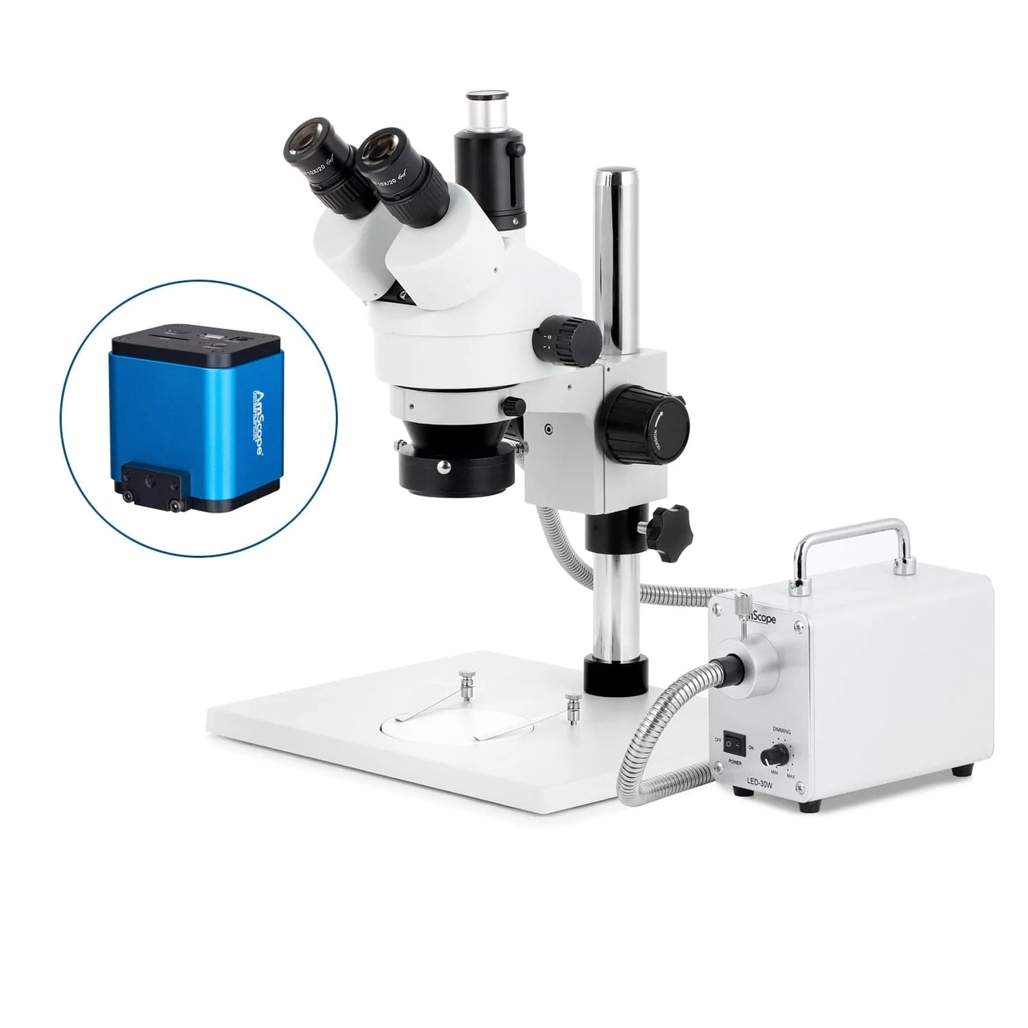 AmScope SM-1 Series Zoom Trinocular Stereo Microscope on Pillar Stand with Extra Large Base Plate w/30W LED Fiber Optic Ring Light and HDMI Camera - Image 9