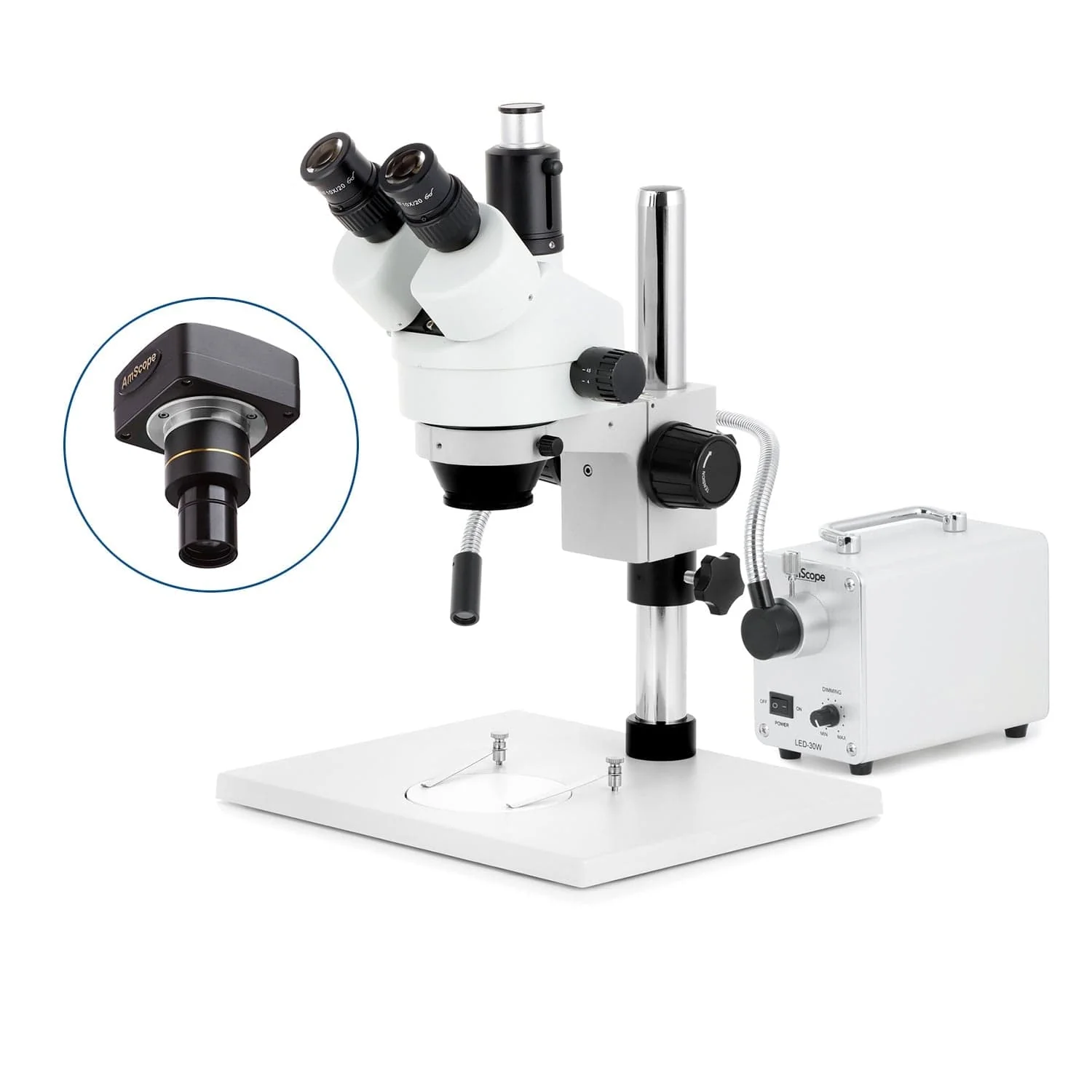 AmScope SM-1 Series Zoom Trinocular Stereo Microscope on Pillar Stand with Extra Large Base Plate w/30W LED Single Fiber Optic Gooseneck Light and Optional Digital Camera - Image 2