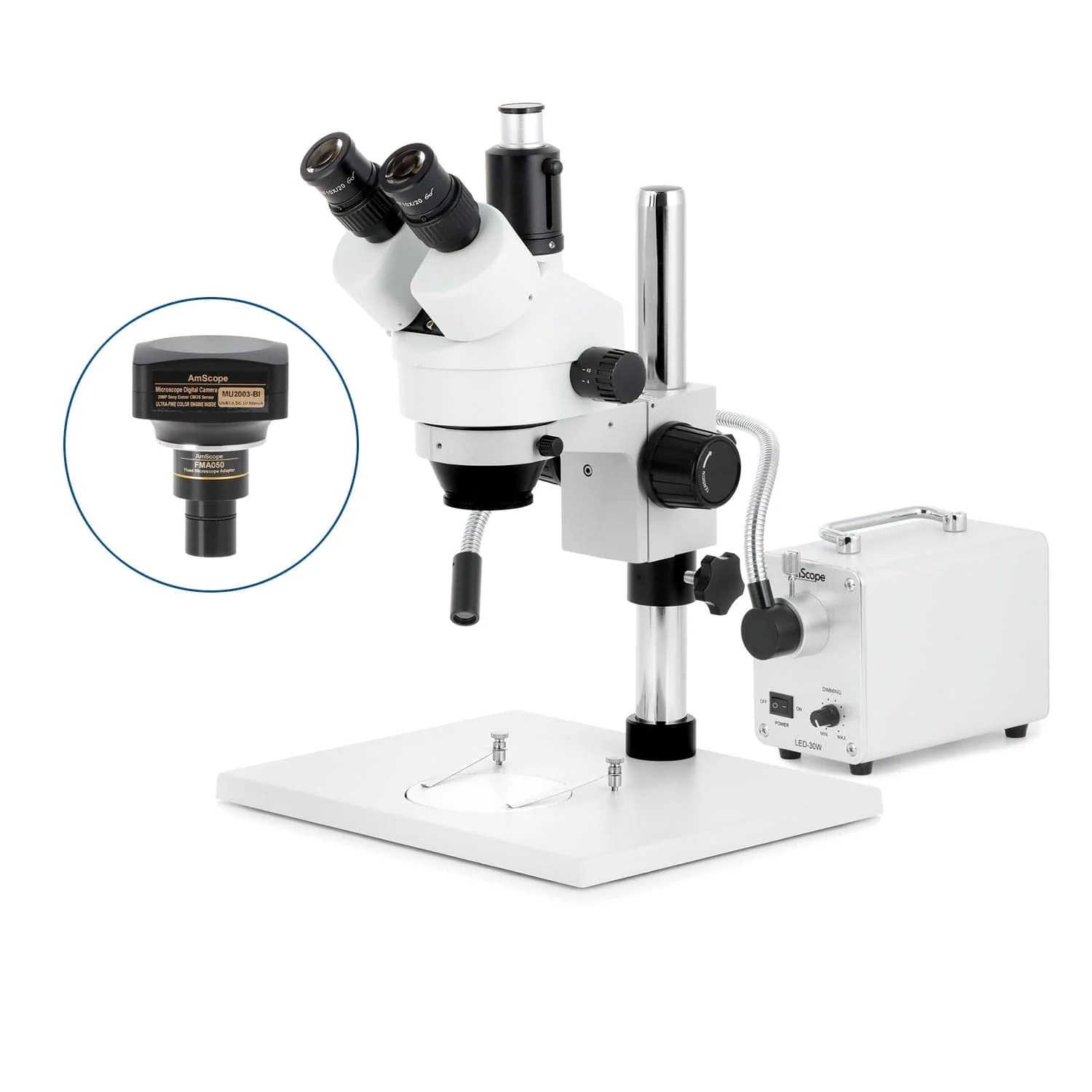 AmScope SM-1 Series Zoom Trinocular Stereo Microscope on Pillar Stand with Extra Large Base Plate w/30W LED Single Fiber Optic Gooseneck Light and Optional Digital Camera - Image 6