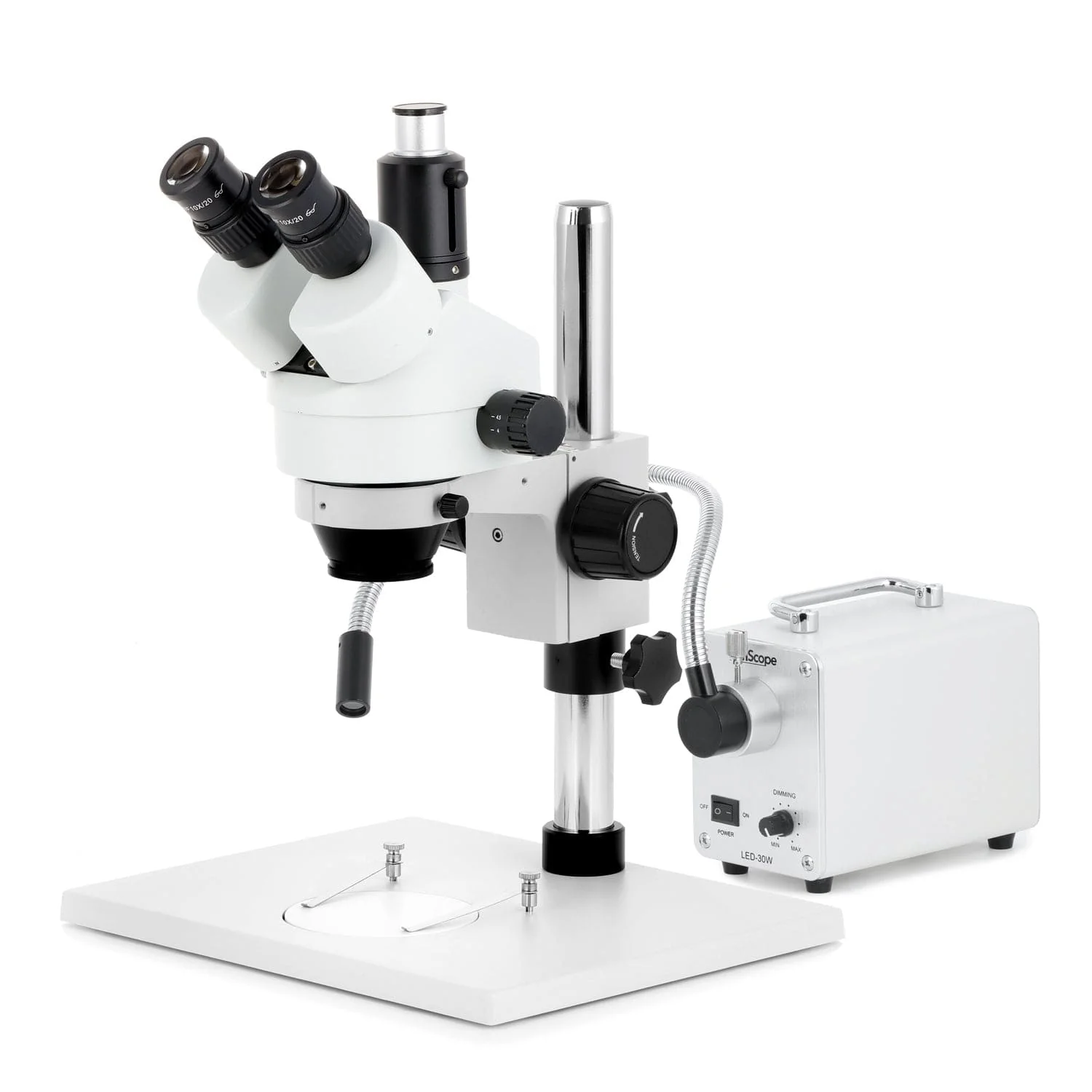 AmScope SM-1 Series Zoom Trinocular Stereo Microscope on Pillar Stand with Extra Large Base Plate w/30W LED Single Fiber Optic Gooseneck Light and Auto Focus Camera - Image 2