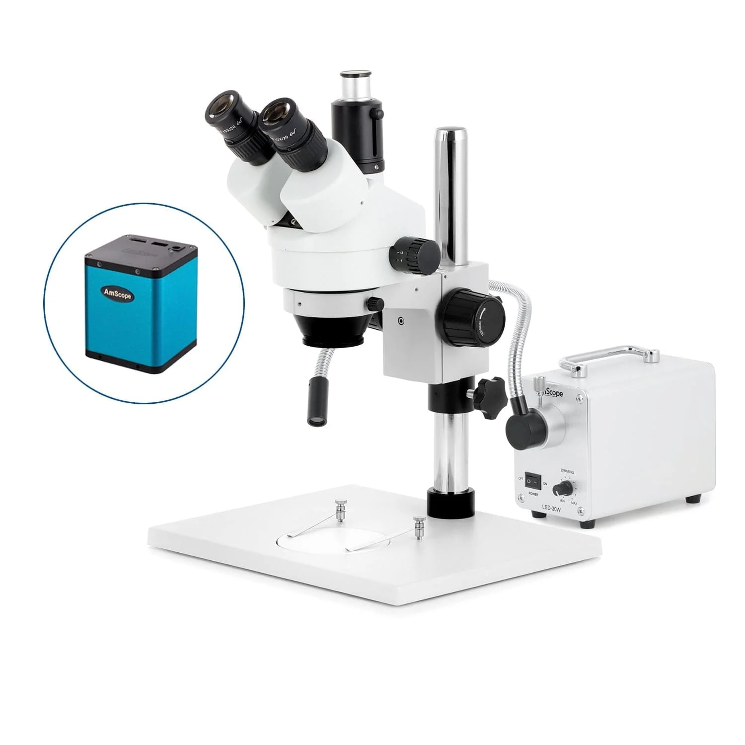 AmScope SM-1 Series Zoom Trinocular Stereo Microscope on Pillar Stand with Extra Large Base Plate w/30W LED Single Fiber Optic Gooseneck Light and Auto Focus Camera - Image 3