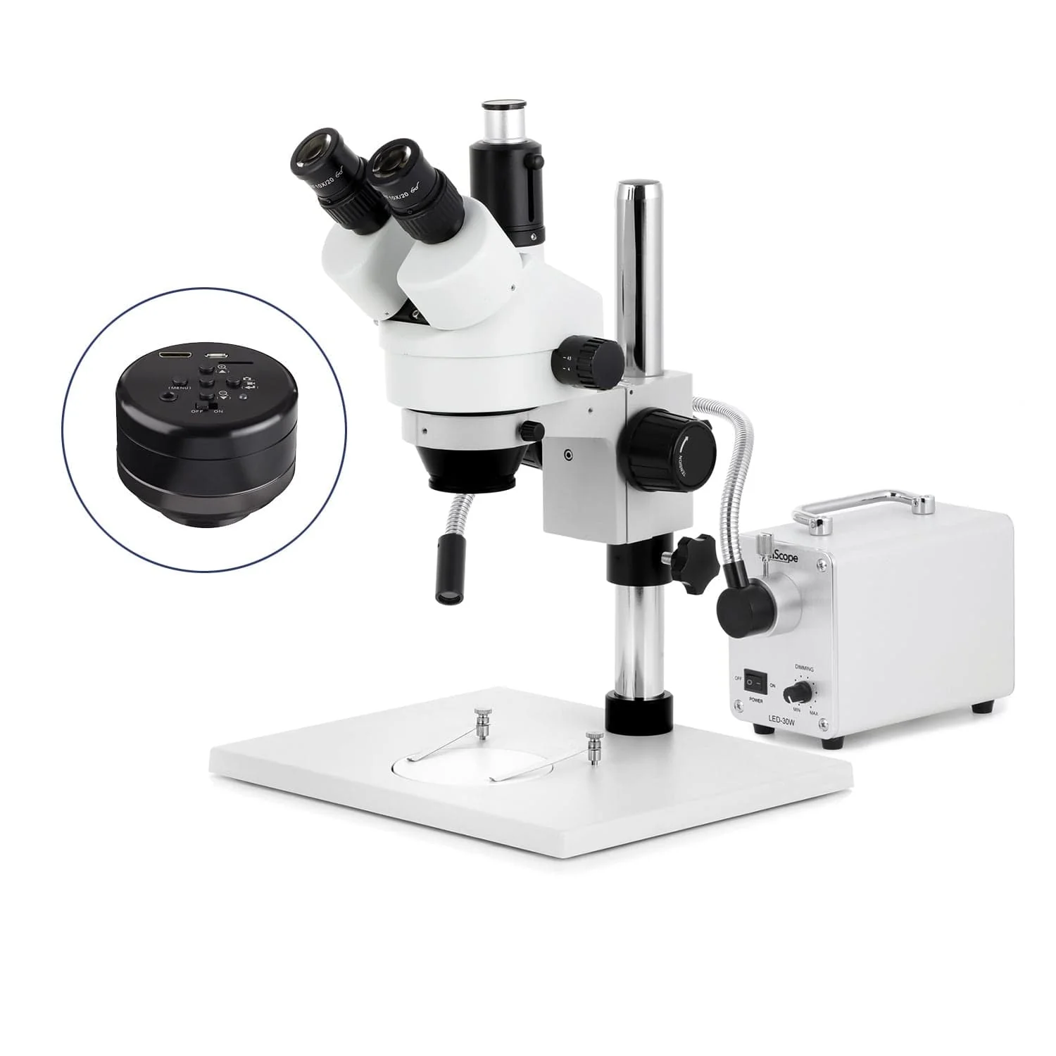 AmScope SM-1 Series Zoom Trinocular Stereo Microscope on Pillar Stand with Extra Large Base Plate w/30W LED Single Fiber Optic Gooseneck Light and HD Recording Camera - Image 2