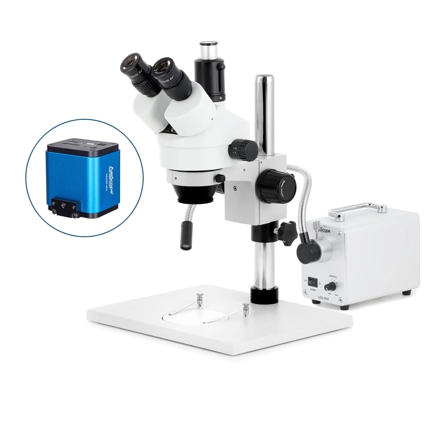 AmScope SM-1 Series Zoom Trinocular Stereo Microscope on Pillar Stand with Extra Large Base Plate w/30W LED Single Fiber Optic Gooseneck Light and HDMI Camera - Image 7