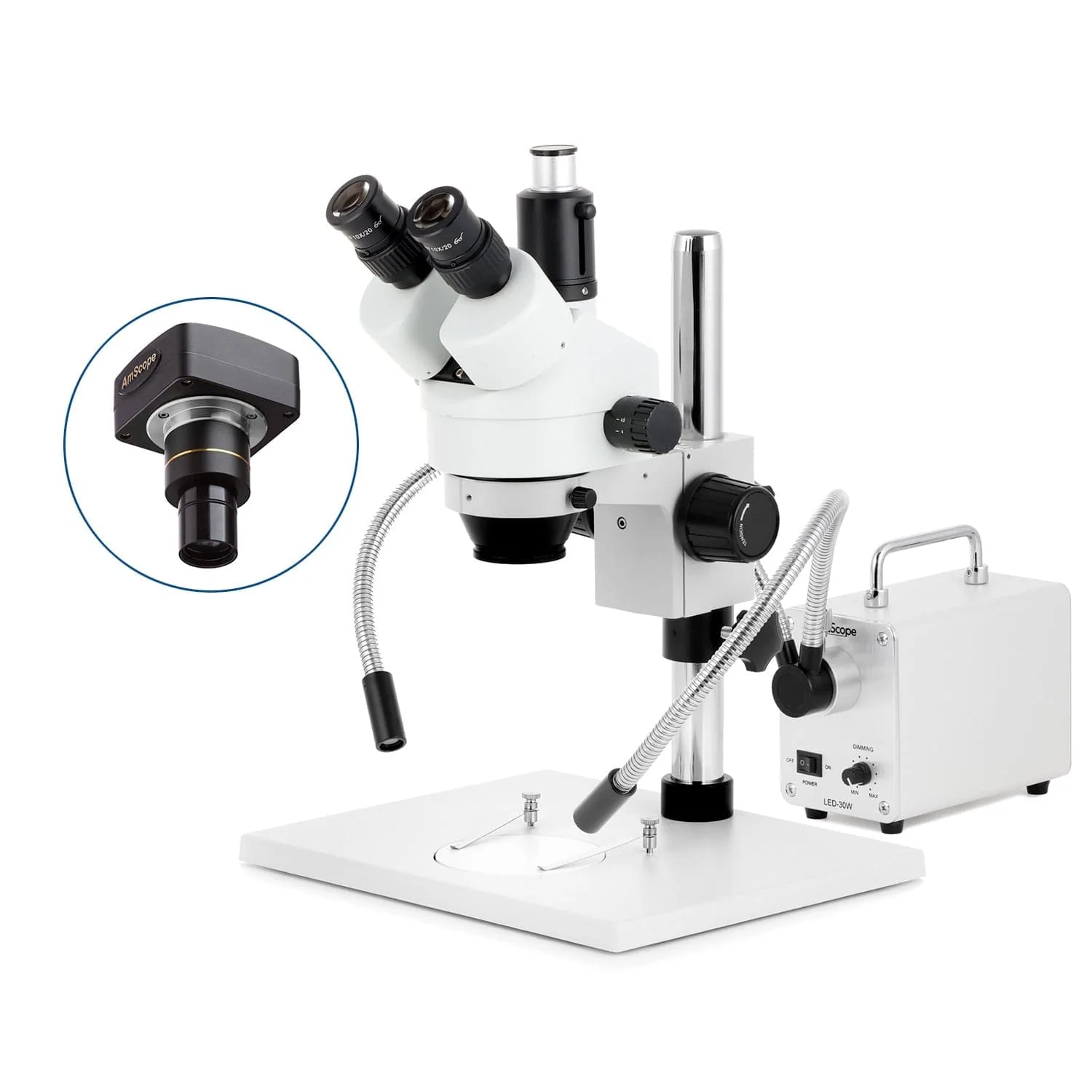 AmScope SM-1 Series Zoom Trinocular Stereo Microscope on Pillar Stand with Extra Large Base Plate w/30W LED Dual Gooseneck Fiber Optic Lights and Optional Digital Camera - Image 2