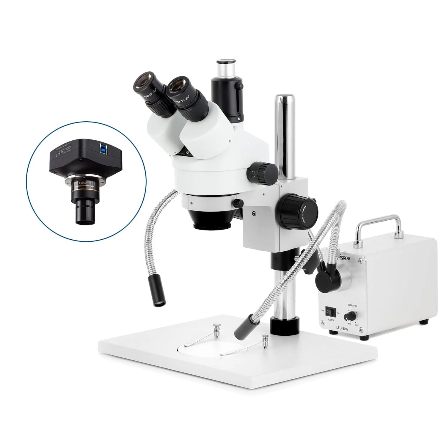 AmScope SM-1 Series Zoom Trinocular Stereo Microscope on Pillar Stand with Extra Large Base Plate w/30W LED Dual Gooseneck Fiber Optic Lights and Optional Digital Camera - Image 4