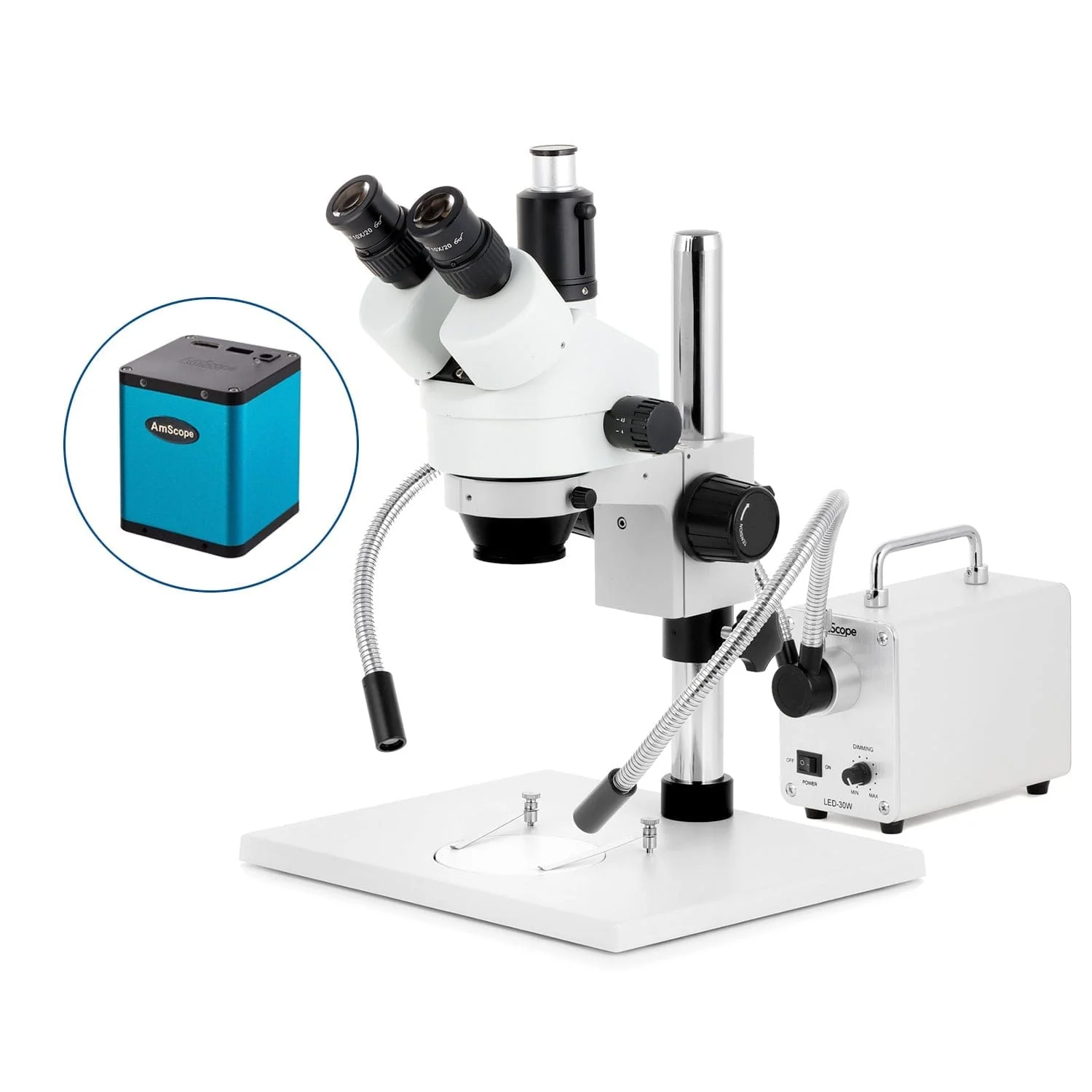 AmScope SM-1 Series Zoom Trinocular Stereo Microscope on Pillar Stand with Extra Large Base Plate w/30W LED Dual Gooseneck Fiber Optic Lights and Auto Focus Camera - Image 3