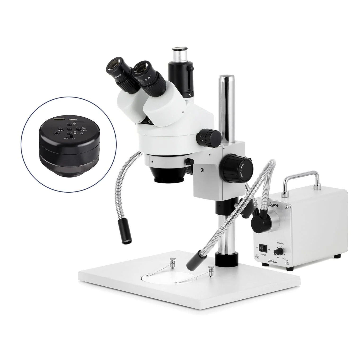 AmScope SM-1 Series Zoom Trinocular Stereo Microscope on Pillar Stand with Extra Large Base Plate w/30W LED Dual Gooseneck Fiber Optic Lights and HD Recording Camera - Image 2
